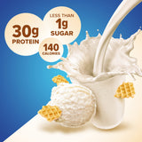 Pure Protein comparación de tamaño junto a una fruta para escala y porciones
