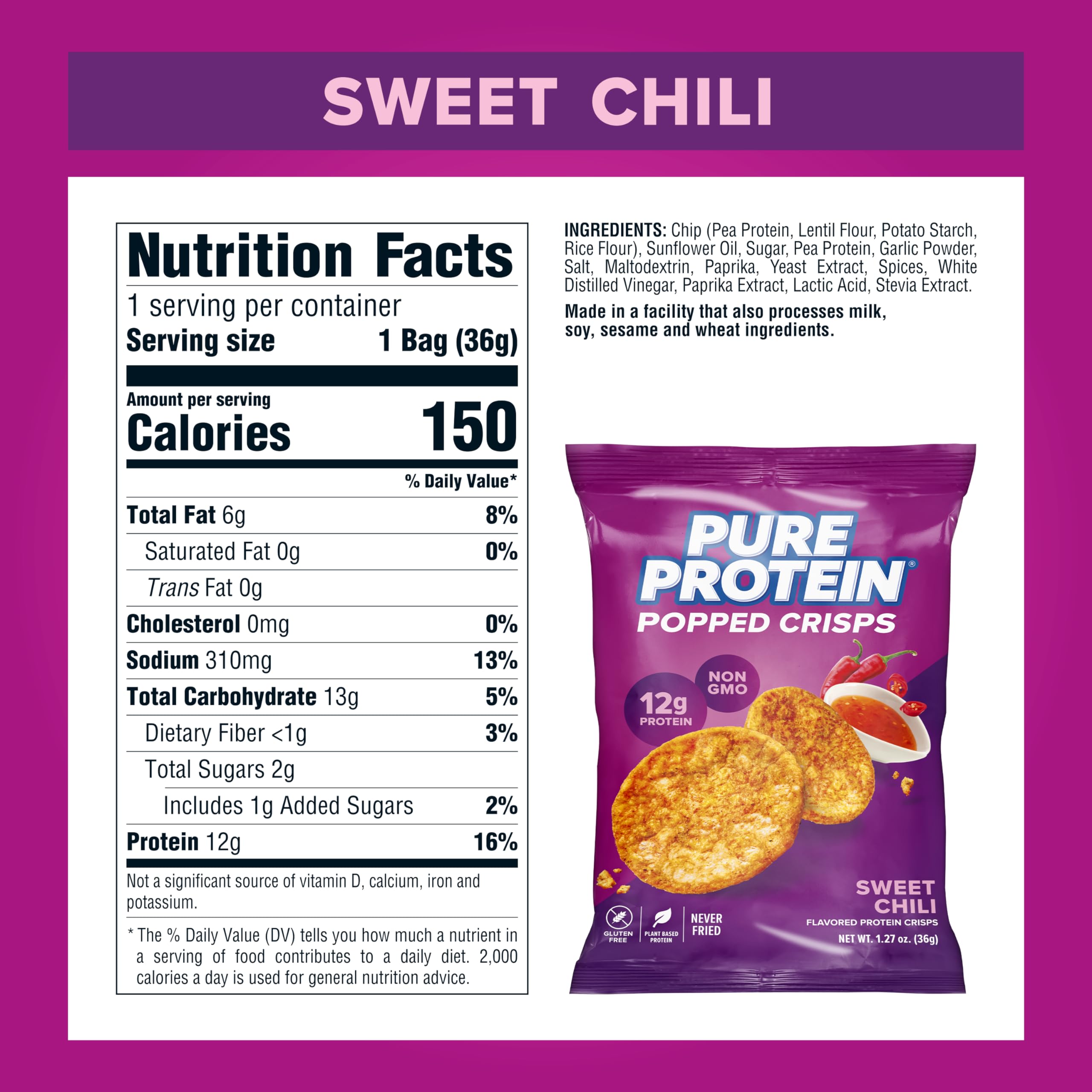 Pure Protein primer plano textura crujiente que destaca ligereza y crunch