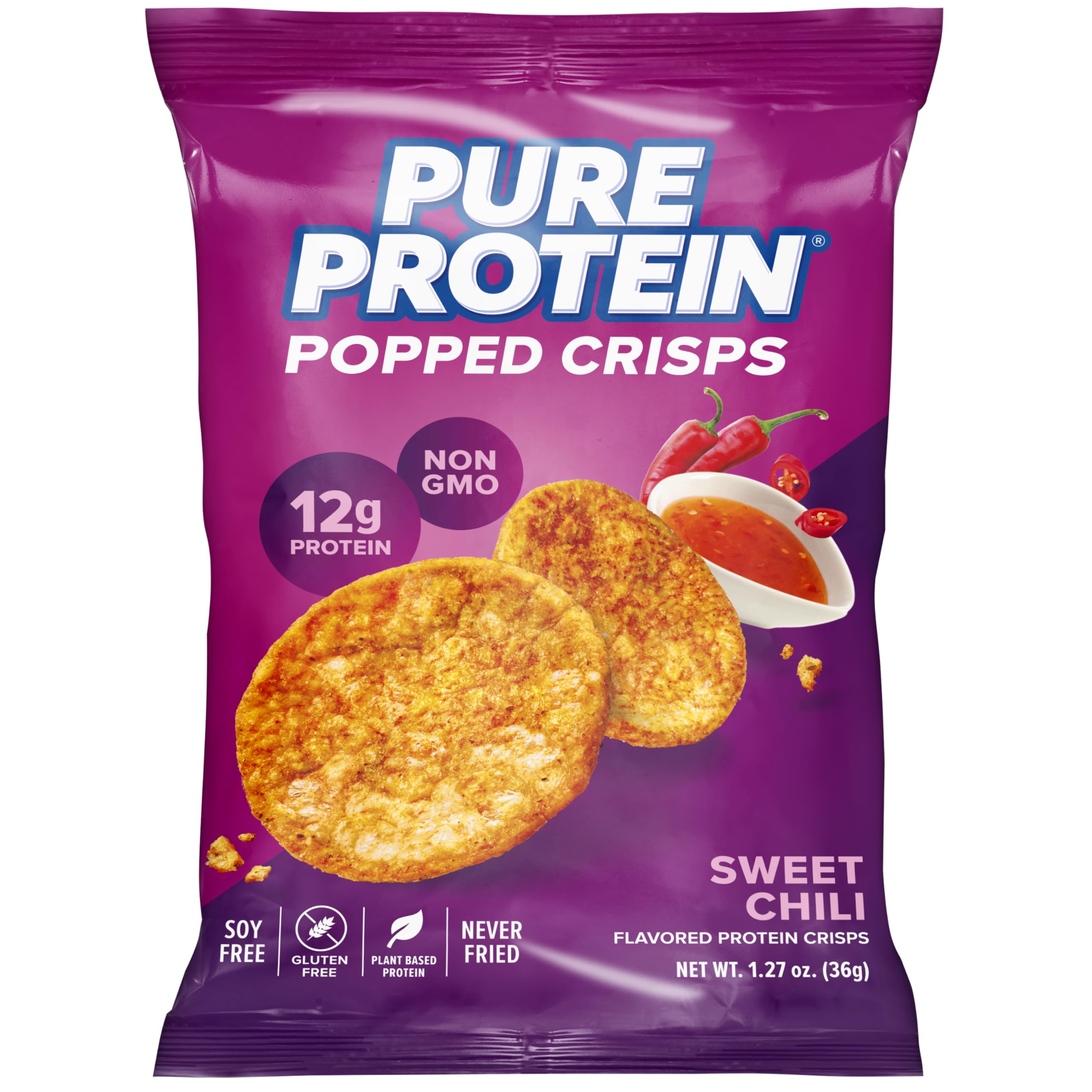 Pure Protein empaque frontal mostrando sabor Sweet Chili y beneficio proteína