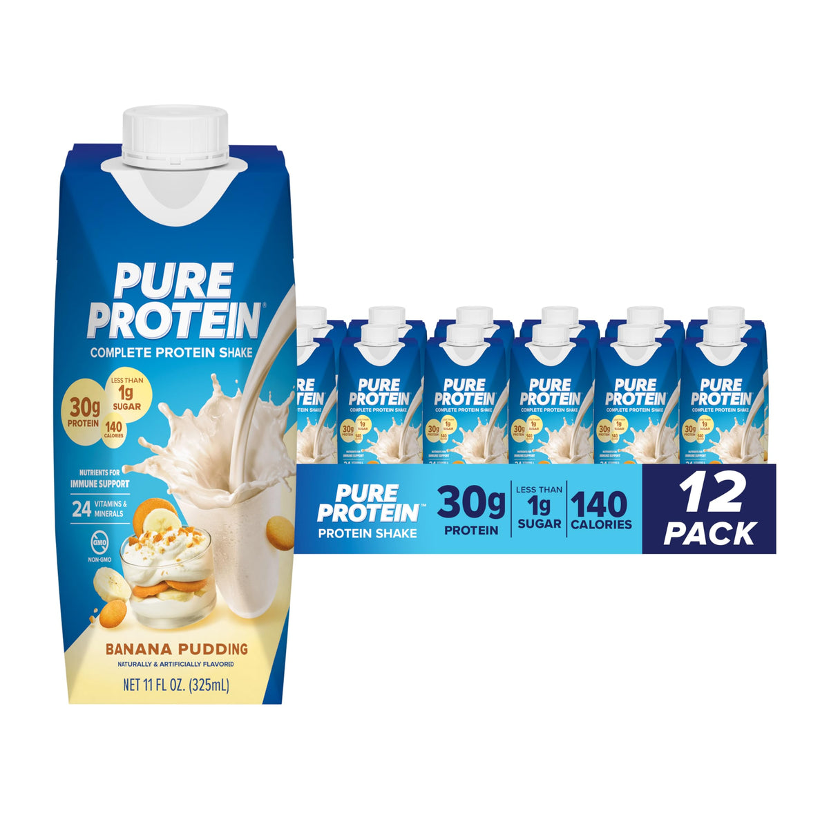 Pure Protein botella frontal mostrando etiqueta y beneficios proteinicos