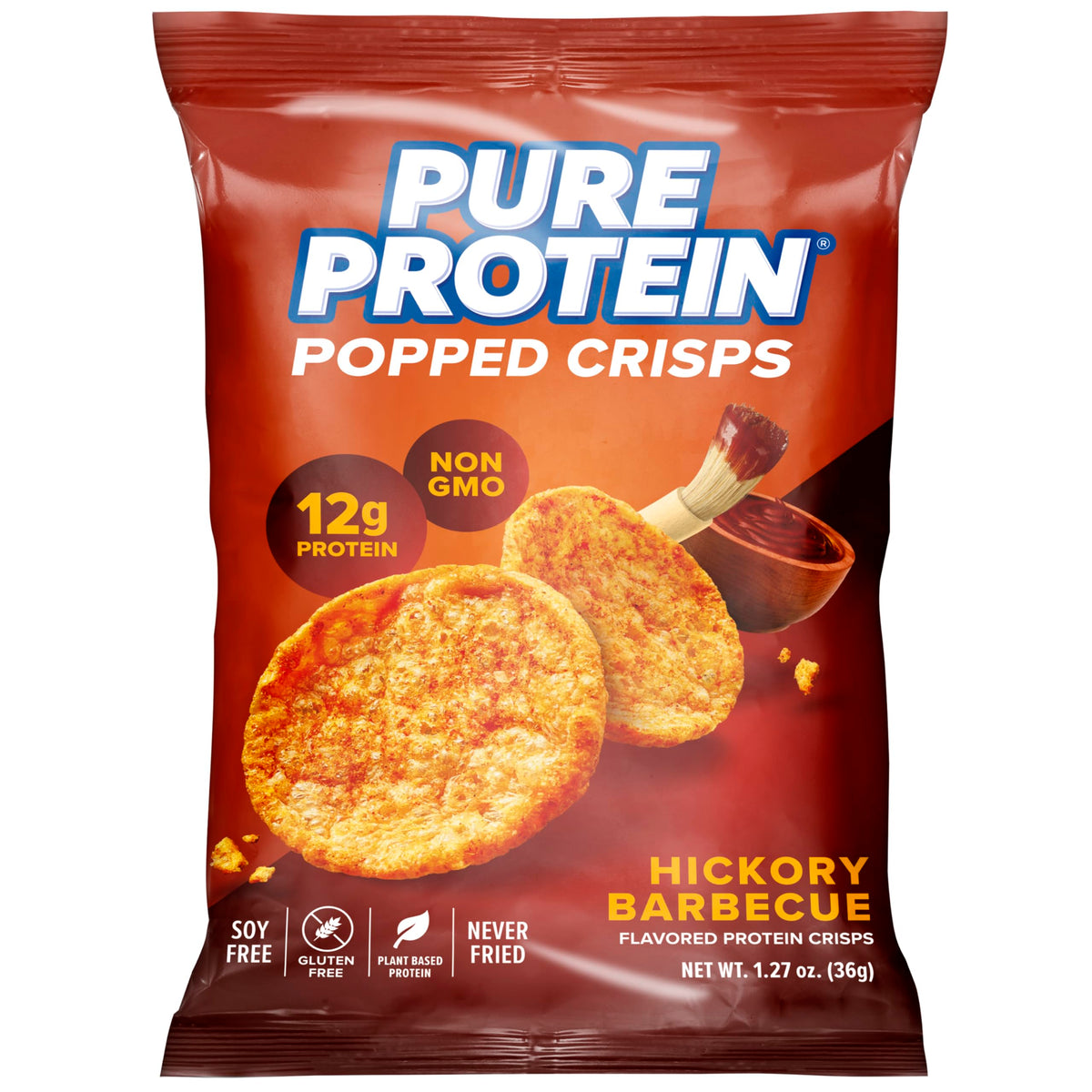 Pure Protein frente del empaque Hickory Barbecue mostrando proteína y beneficios