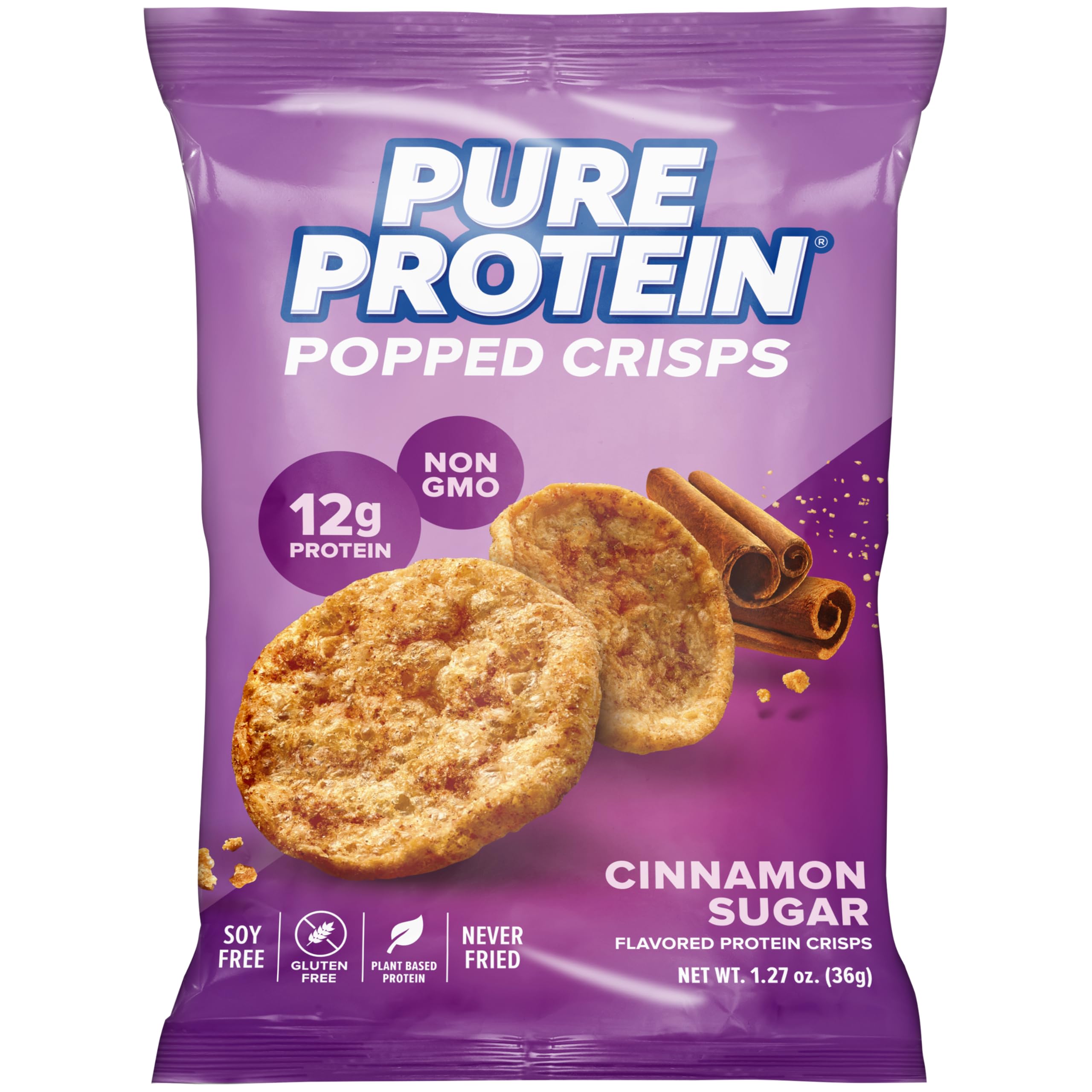Pure Protein frente del empaque mostrando sabor canela y azúcar y beneficio proteico