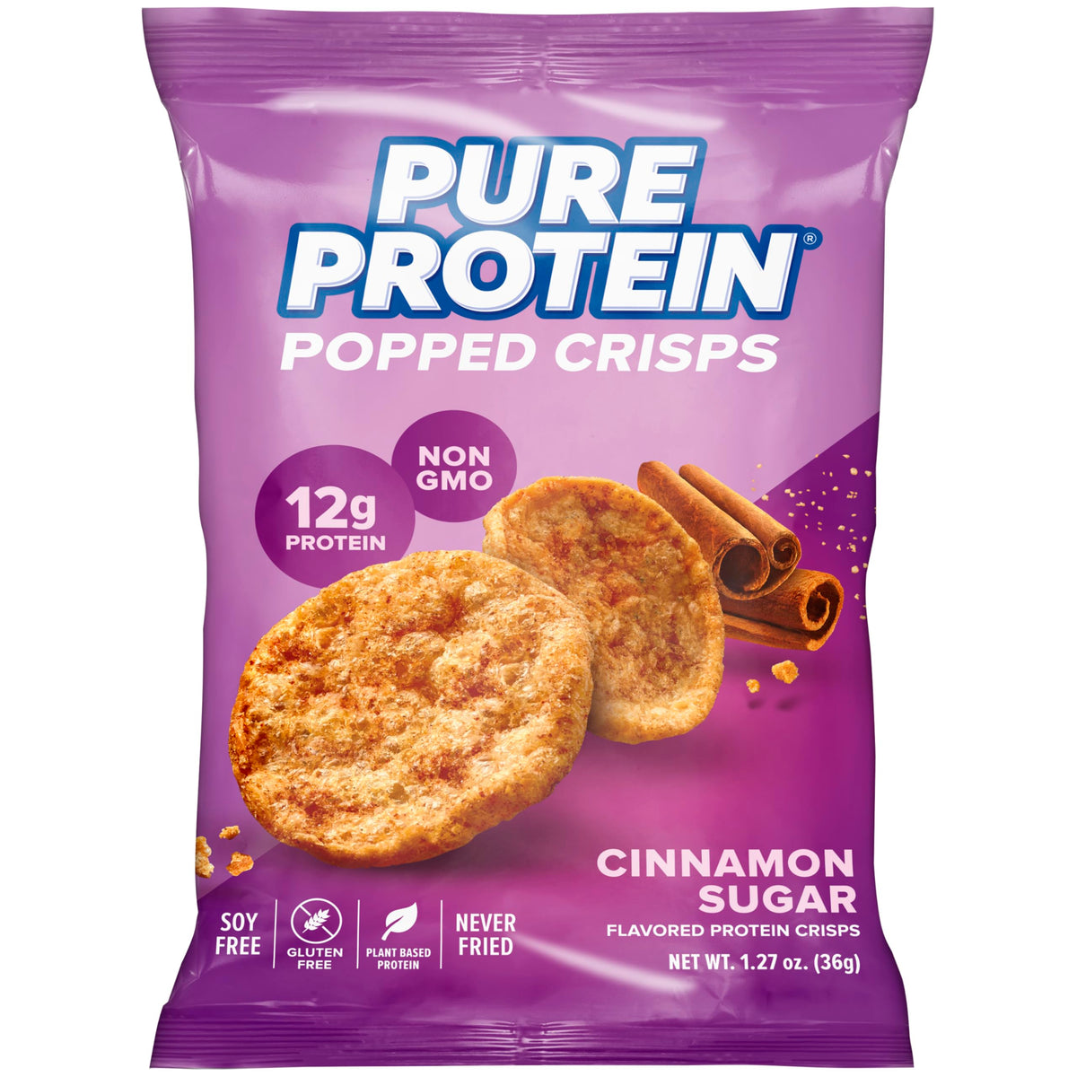 Pure Protein frente del empaque mostrando sabor canela y azúcar y beneficio proteico