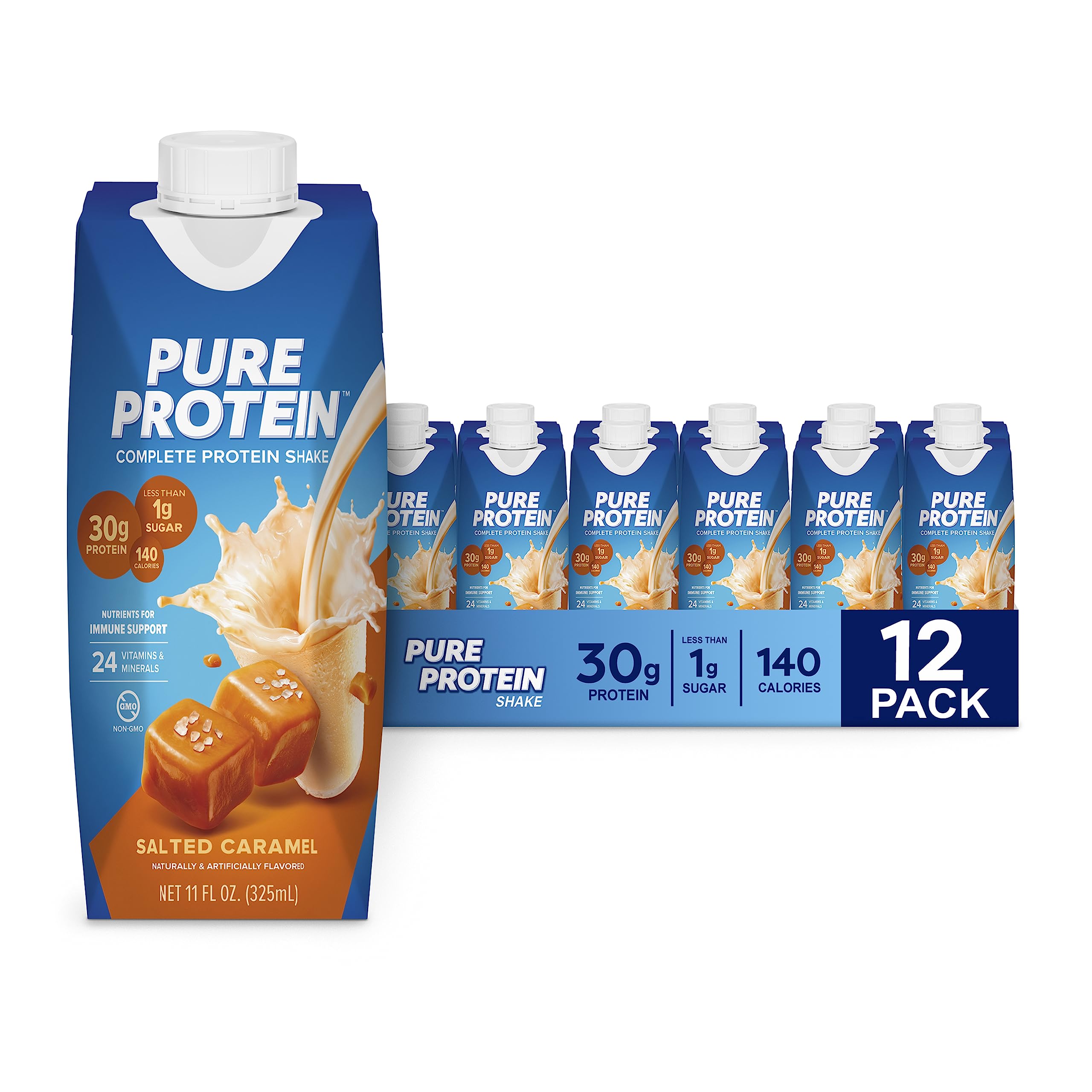Pure Protein frente del envase mostrando sabor caramelo salado y beneficio de 30 g proteína
