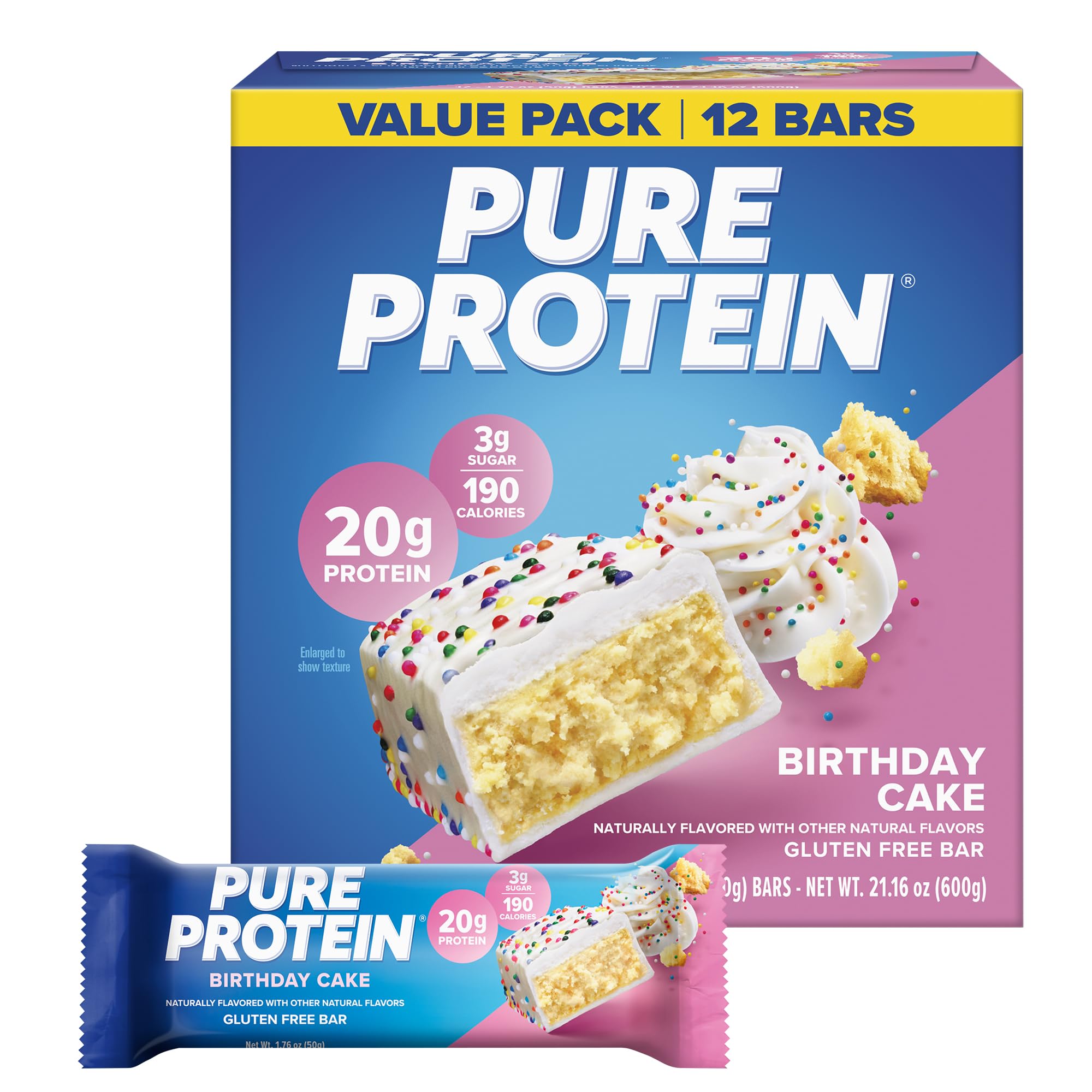 Pure Protein frente del paquete Birthday Cake mostrando 12 barras, práctico para llevar