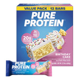 Pure Protein frente del paquete Birthday Cake mostrando 12 barras, práctico para llevar