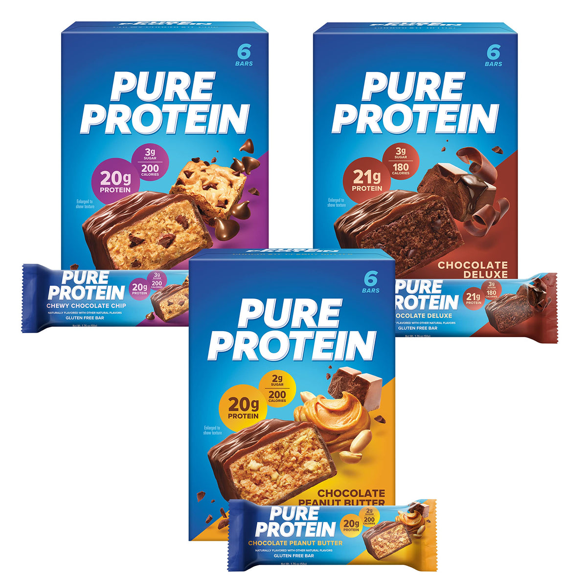 Pure Protein empaque frontal mostrando el surtido y conveniencia