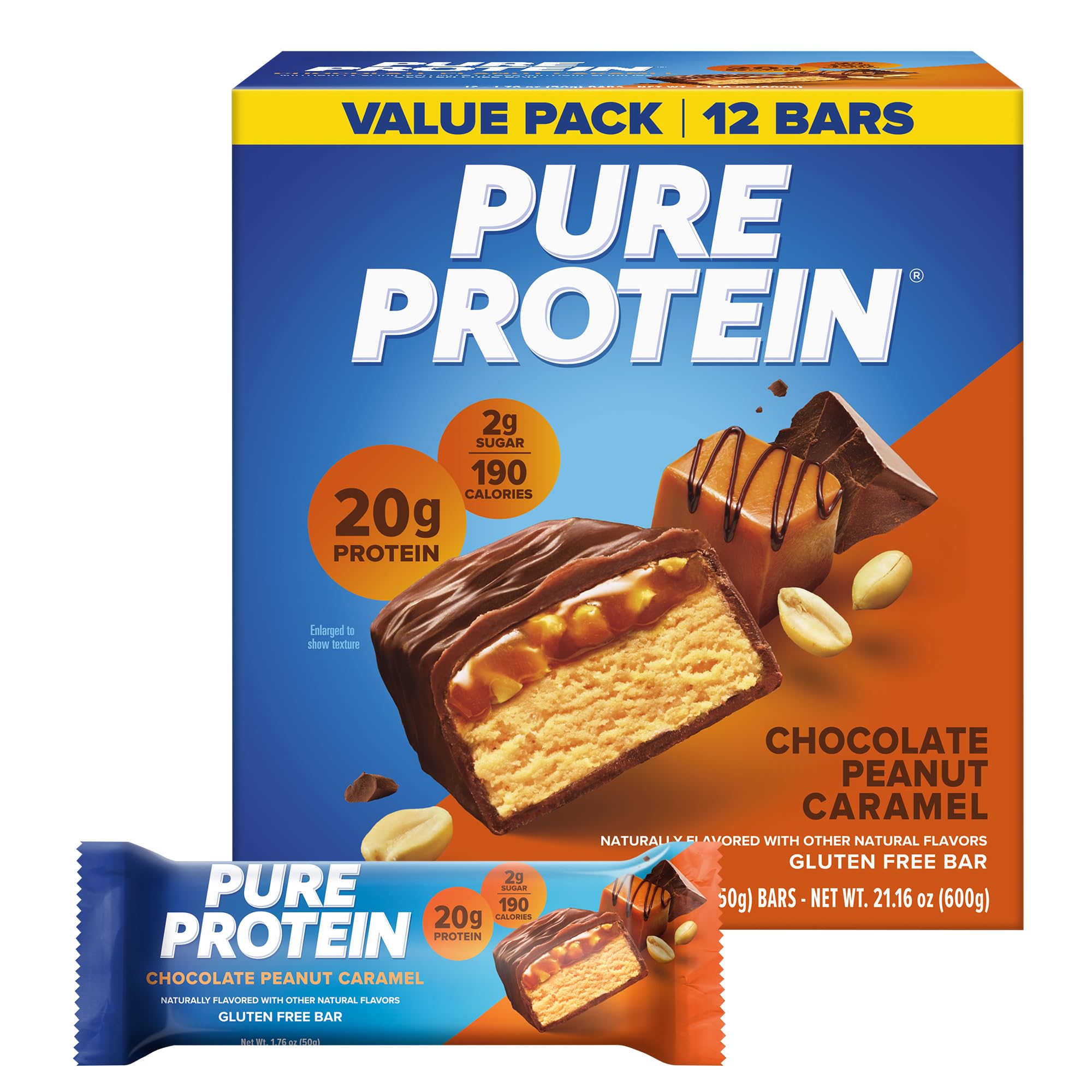 Pure Protein empaque frontal mostrando 12 barras y beneficio práctico
