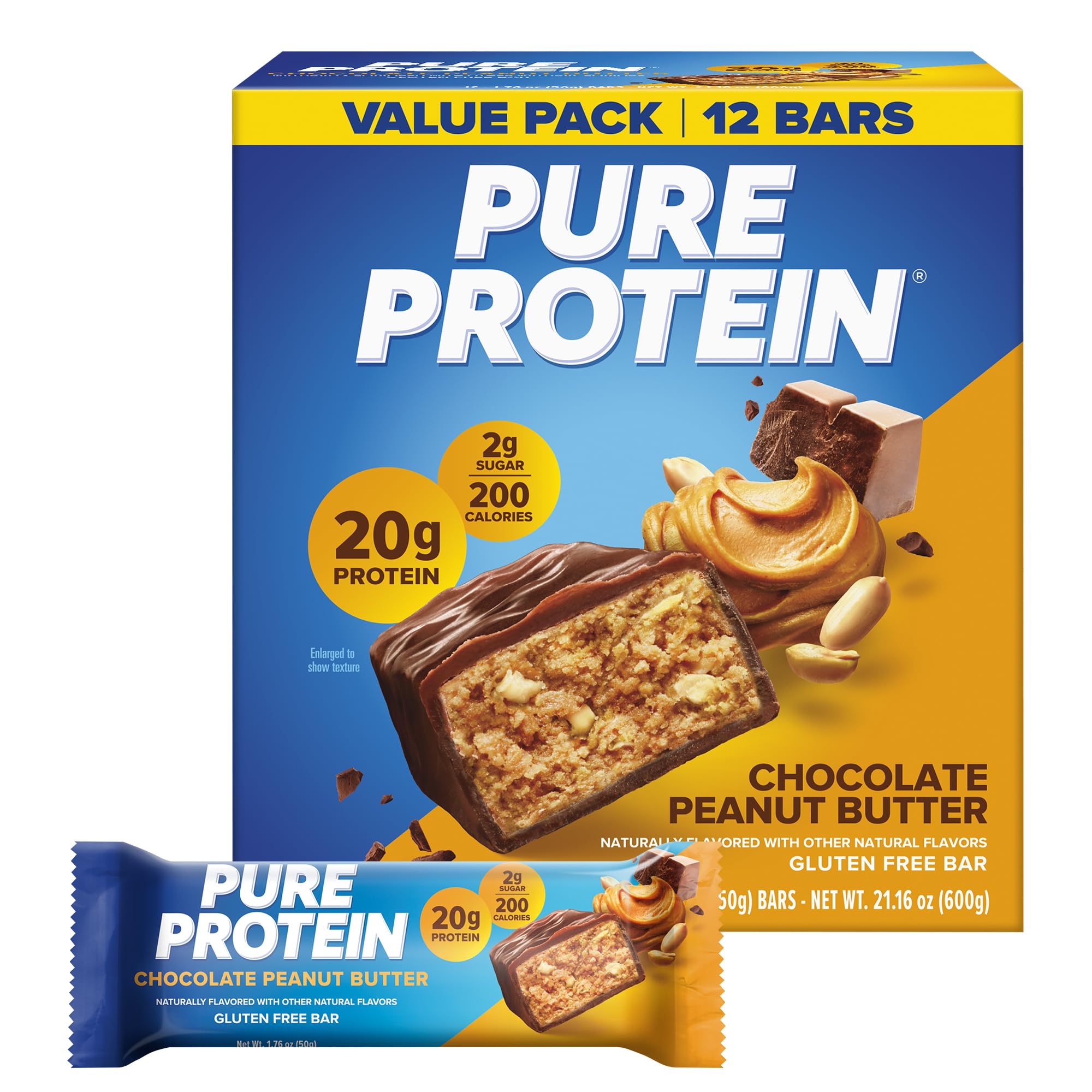 Pure Protein empaque frontal mostrando 12 barras y conveniencia portátil