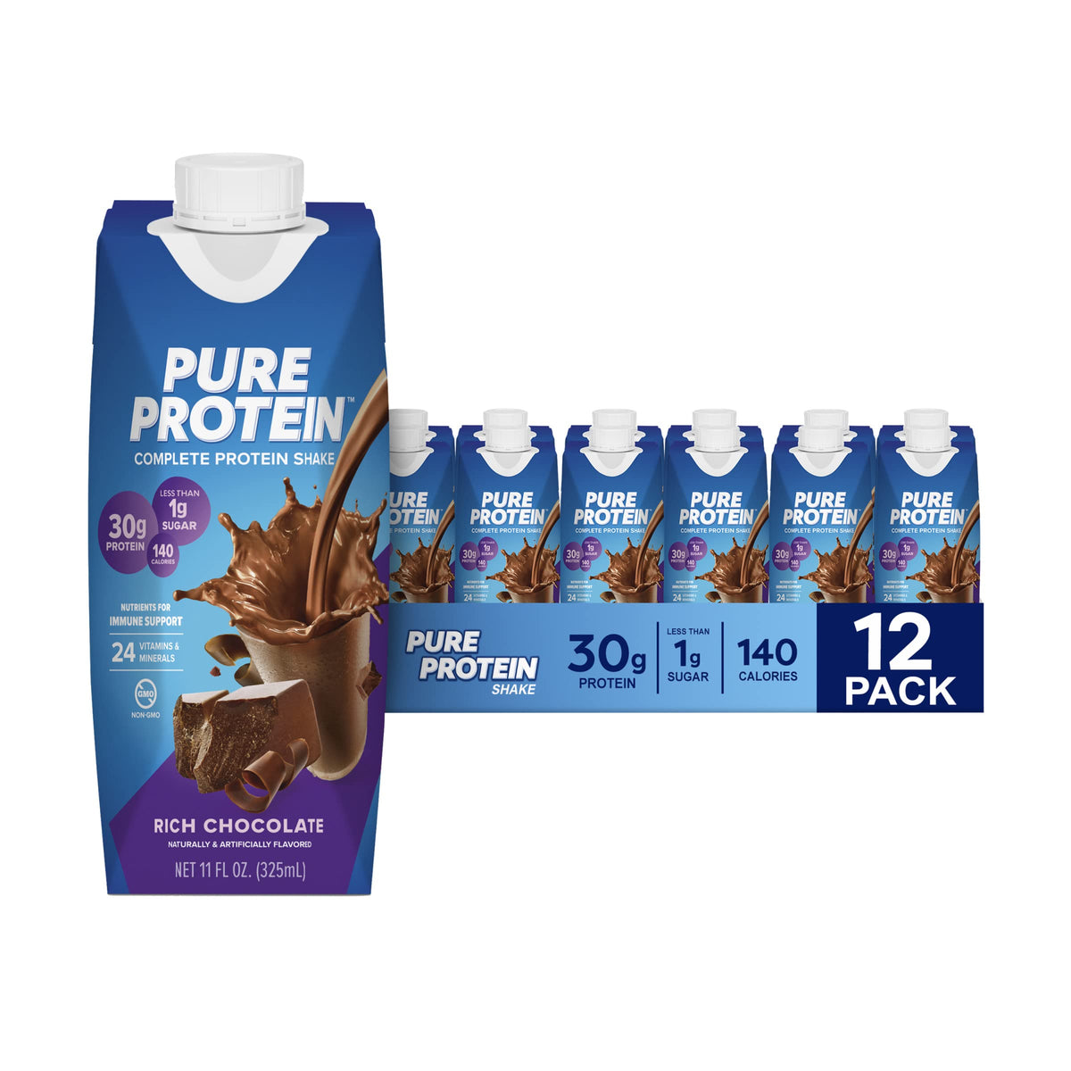 Pure Protein vista frontal del envase chocolate, sabor rico y práctico