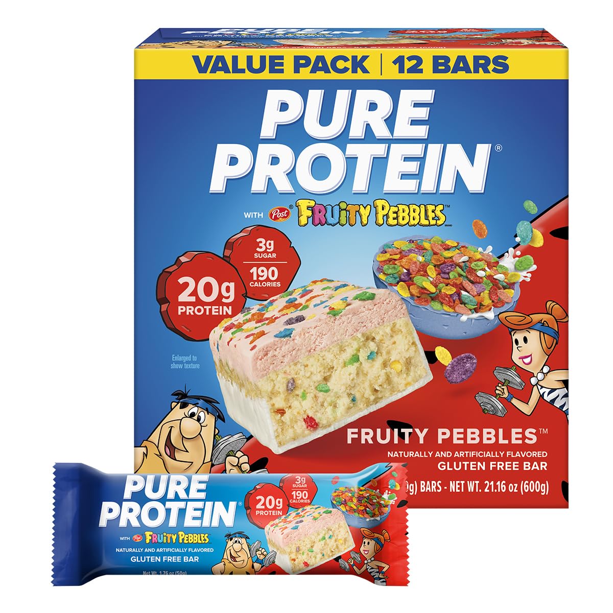 Pure Protein frontal del producto mostrando barra y envase, conveniencia portátil