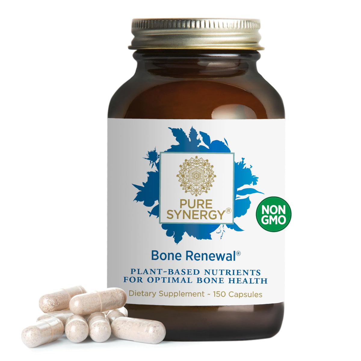 PURE SYNERGY frasco frontal mostrando etiquetas y beneficio multinutriente