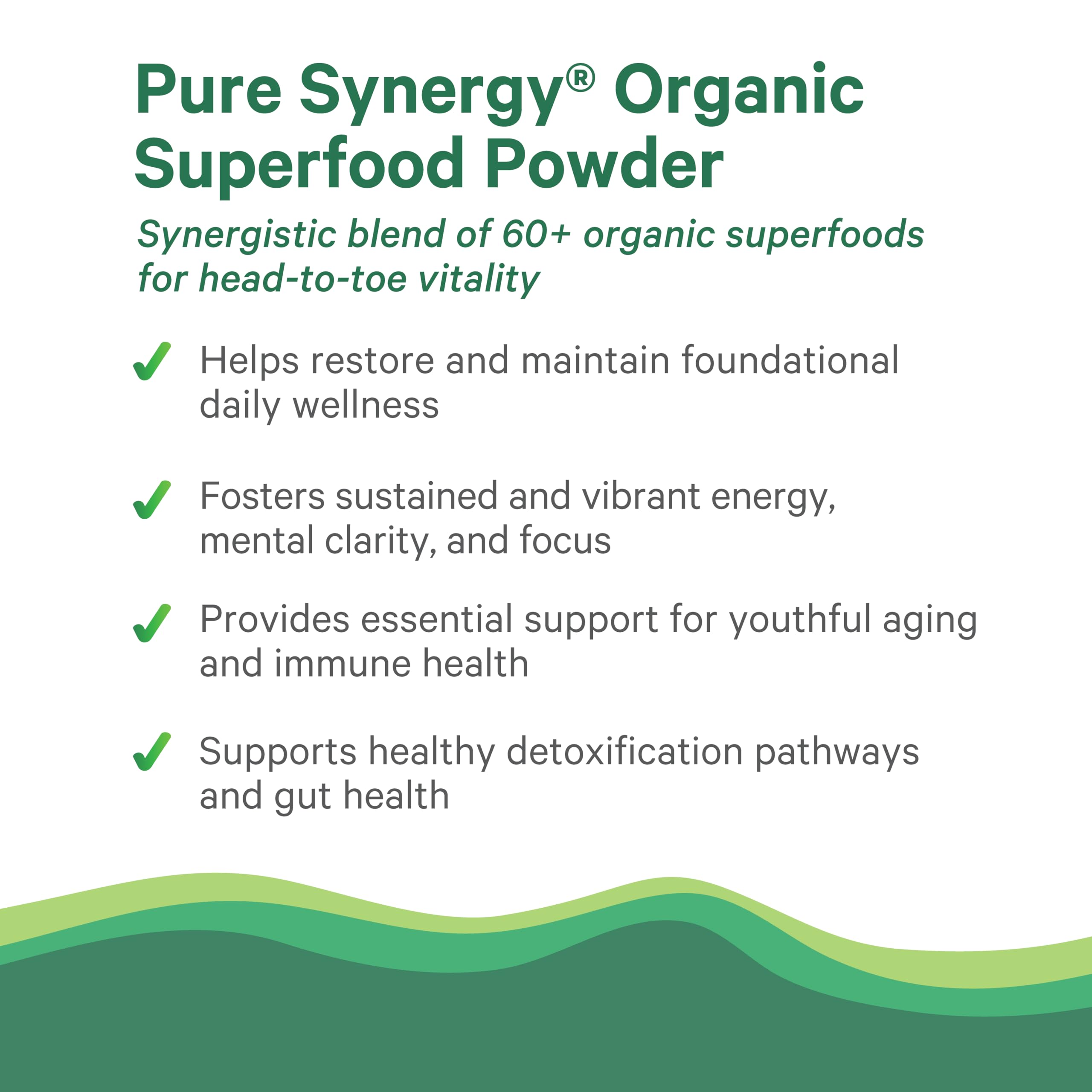 PURE SYNERGY envase junto a una cuchara para comparar tamaño y porción