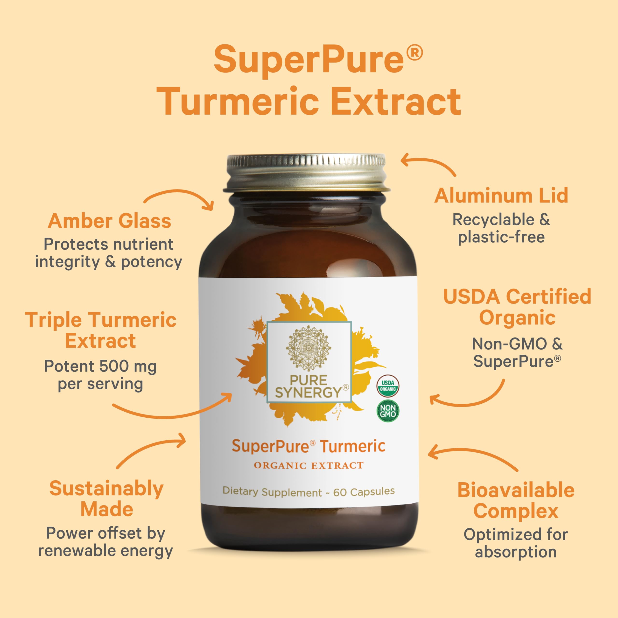 PURE SYNERGY etiqueta con sellos orgánico Non-GMO y vegano