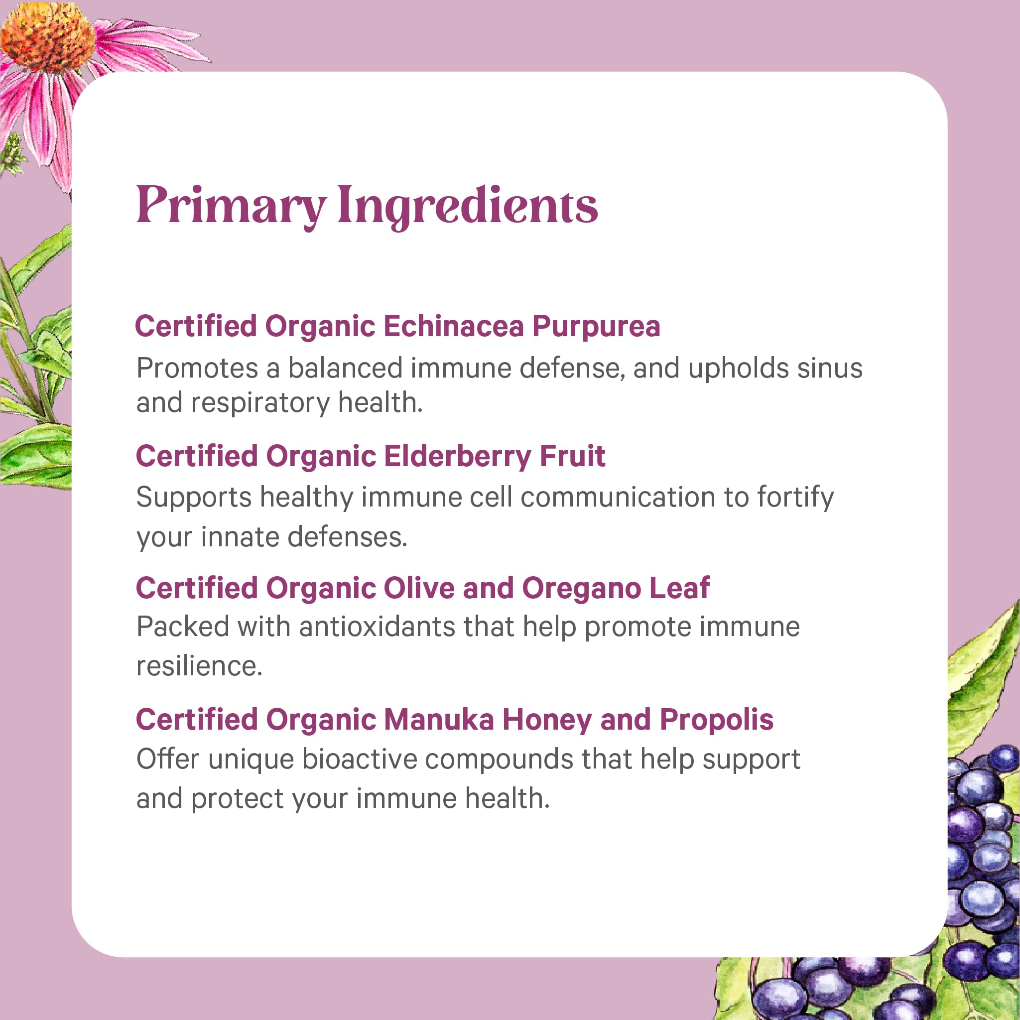 PURE SYNERGY etiqueta con lista de ingredientes y certificaciones