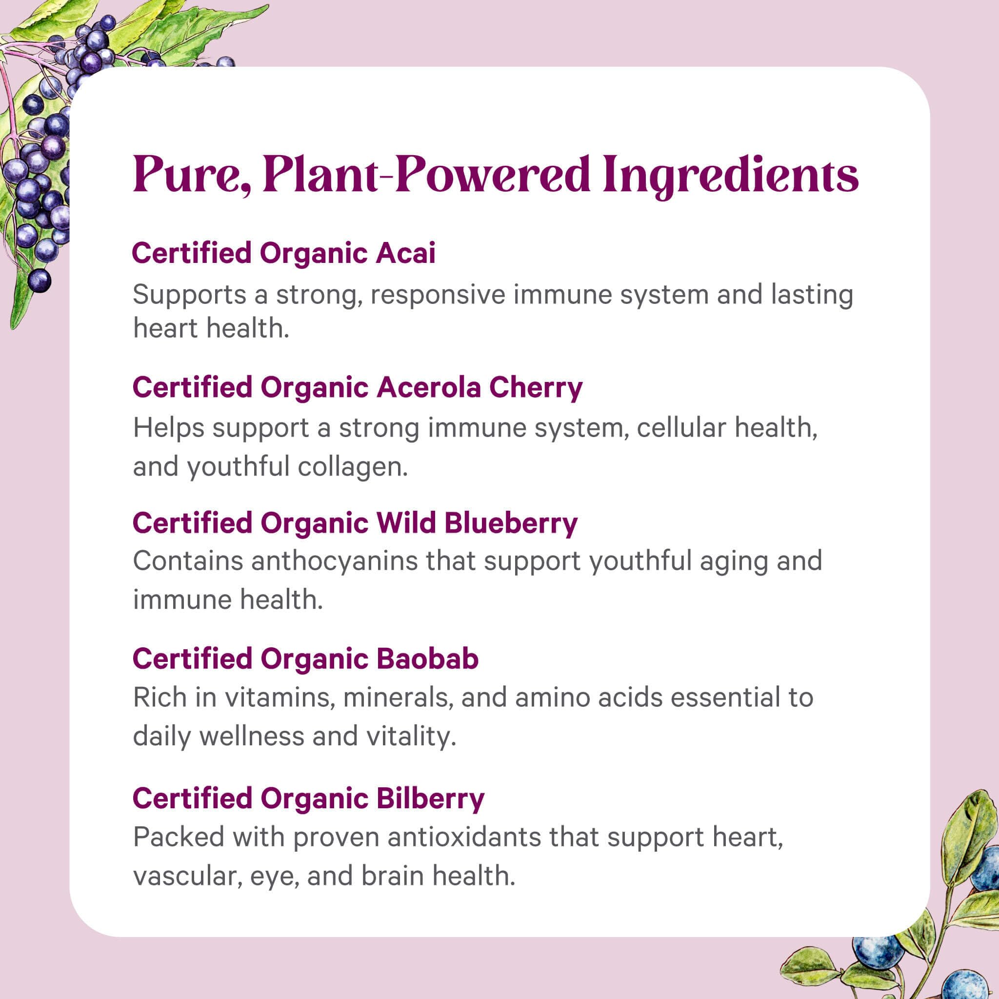 PURE SYNERGY etiqueta con lista de ingredientes orgánicos y transparencia