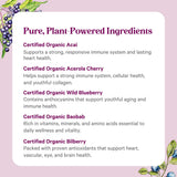 PURE SYNERGY etiqueta con lista de ingredientes orgánicos y transparencia