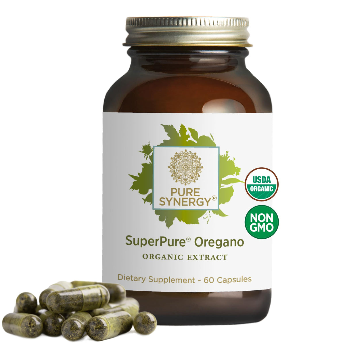 PURE SYNERGY frasco frontal mostrando 60 cápsulas y etiqueta orgánica, confianza de marca