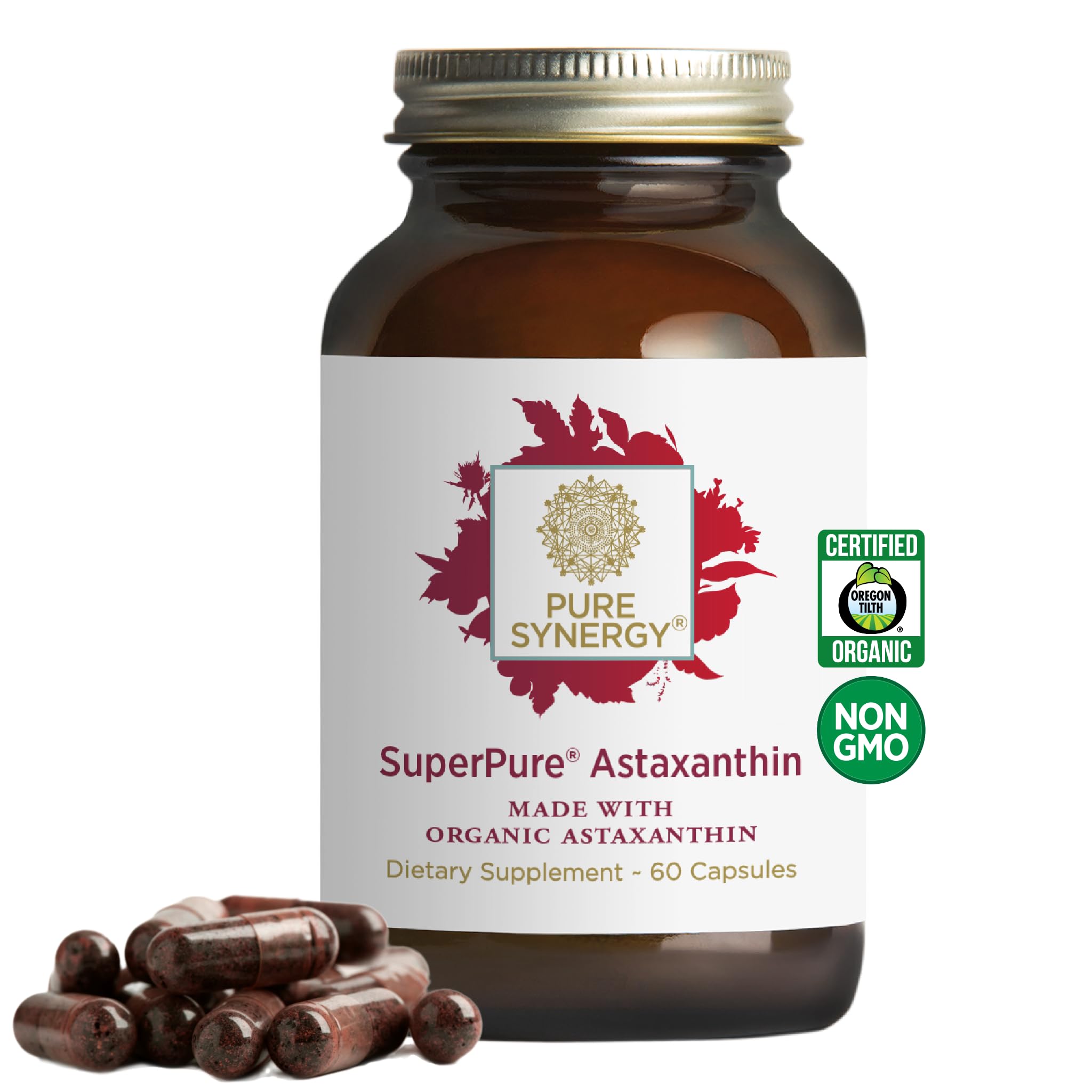 PURE SYNERGY envase frontal mostrando astaxantina orgánica y beneficio antioxidante
