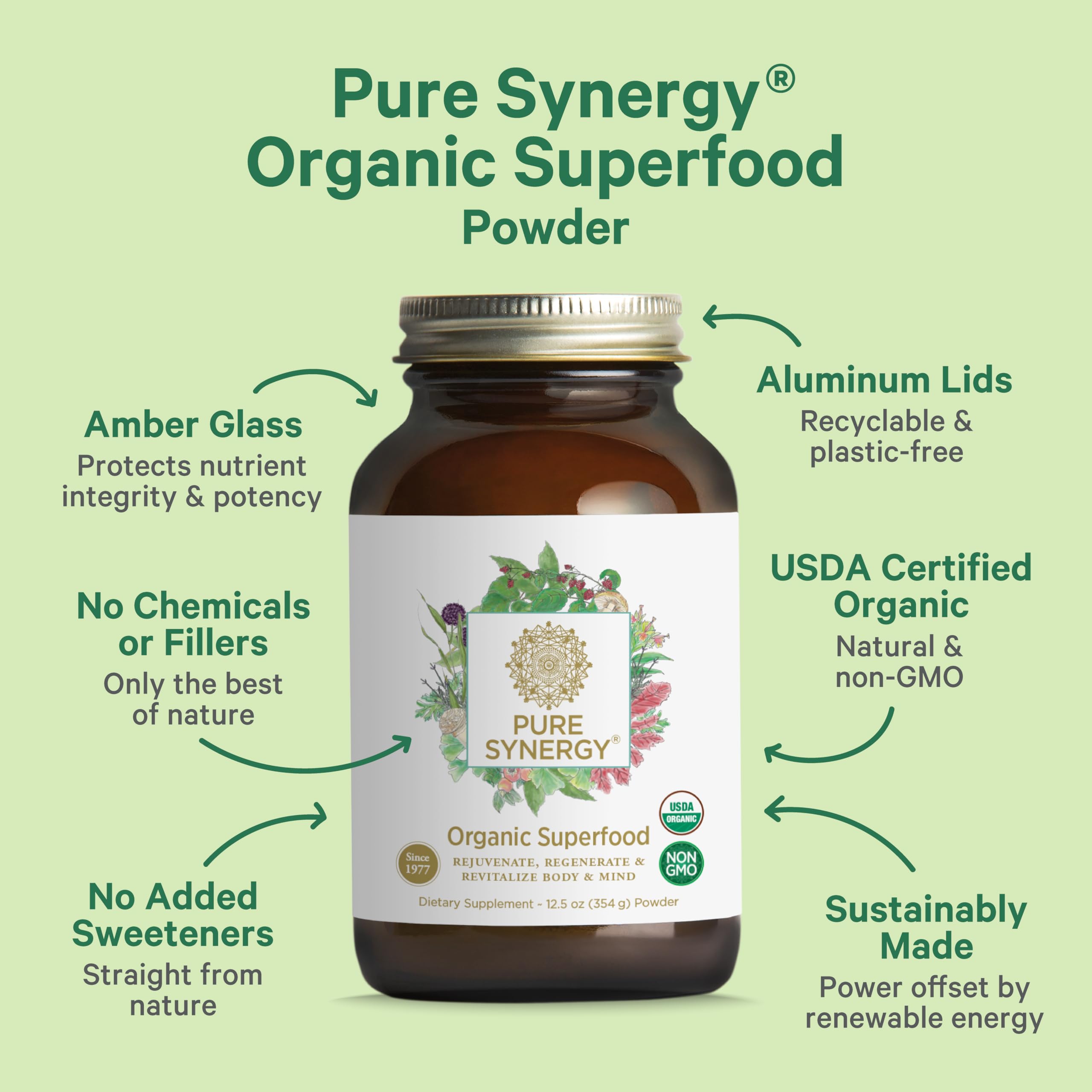 PURE SYNERGY detalle de ingredientes verdes y algas para nutrición integral