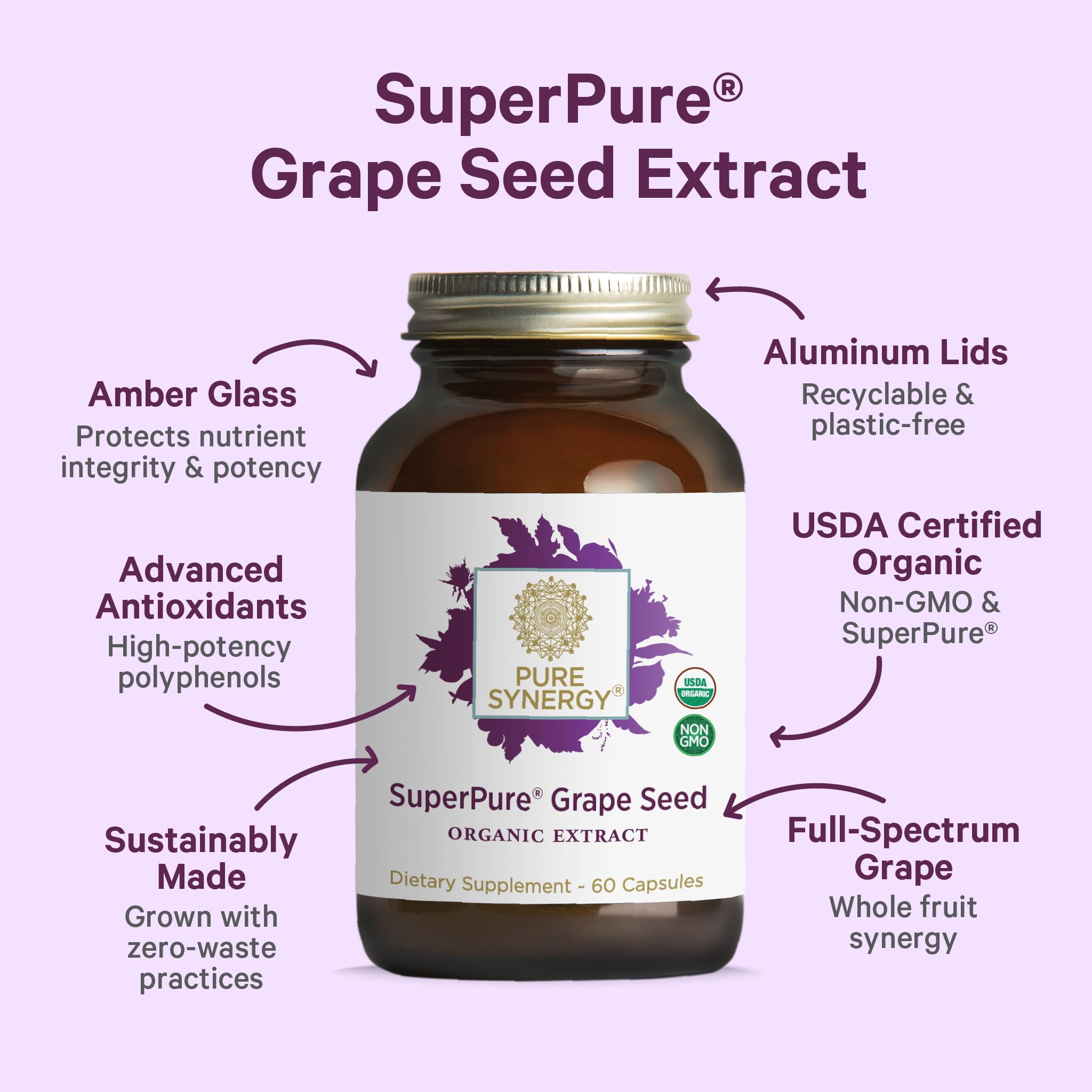 Pure Synergy racimo de uvas y pieles que muestra origen orgánico