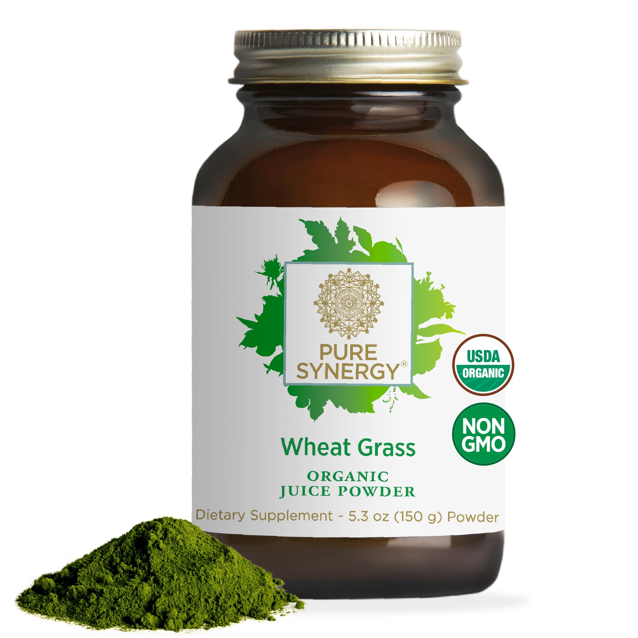 PURE SYNERGY frasco frontal mostrando etiqueta orgánica y beneficio de energía