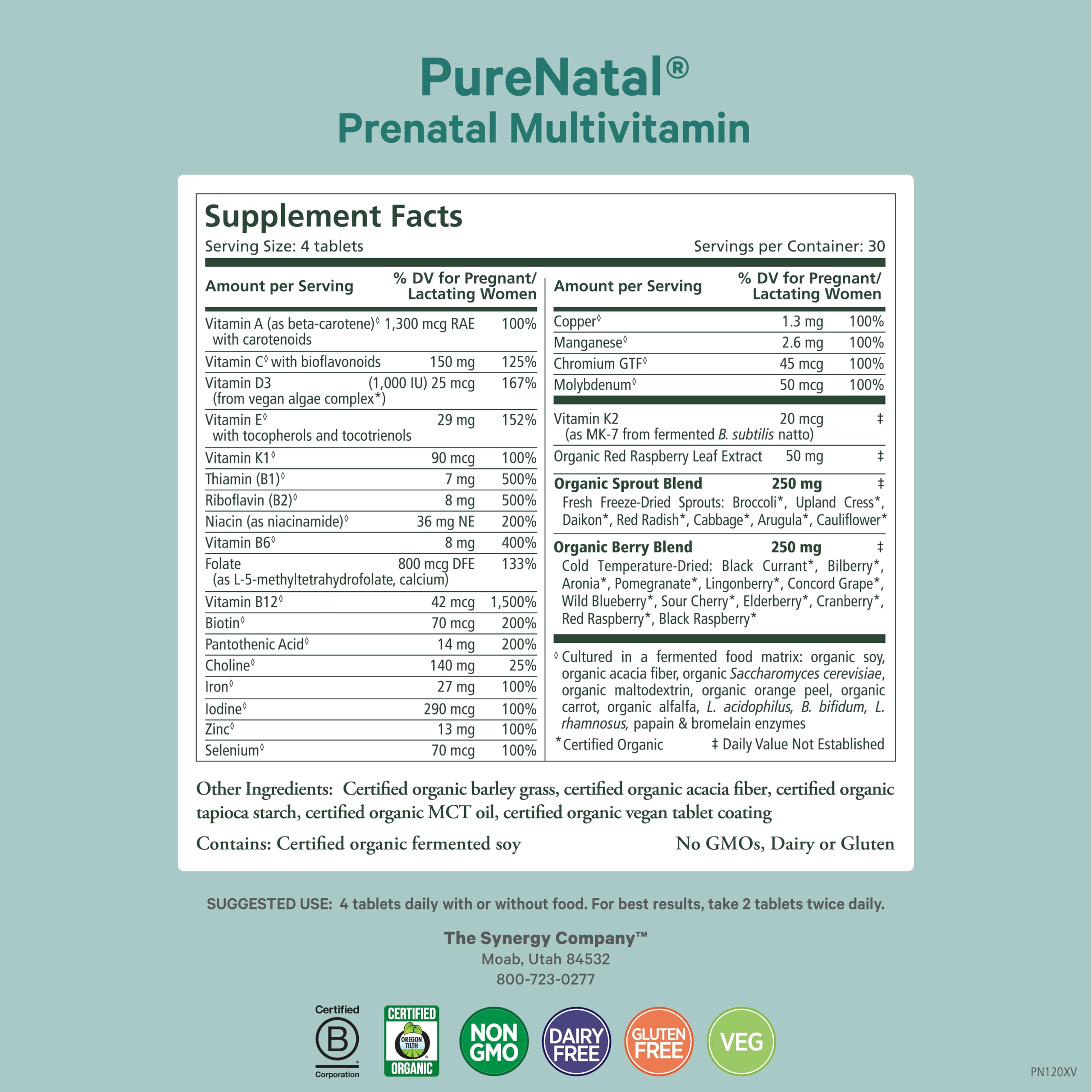 PURE SYNERGY tabletas PureNatal detalle, textura fácil de tragar
