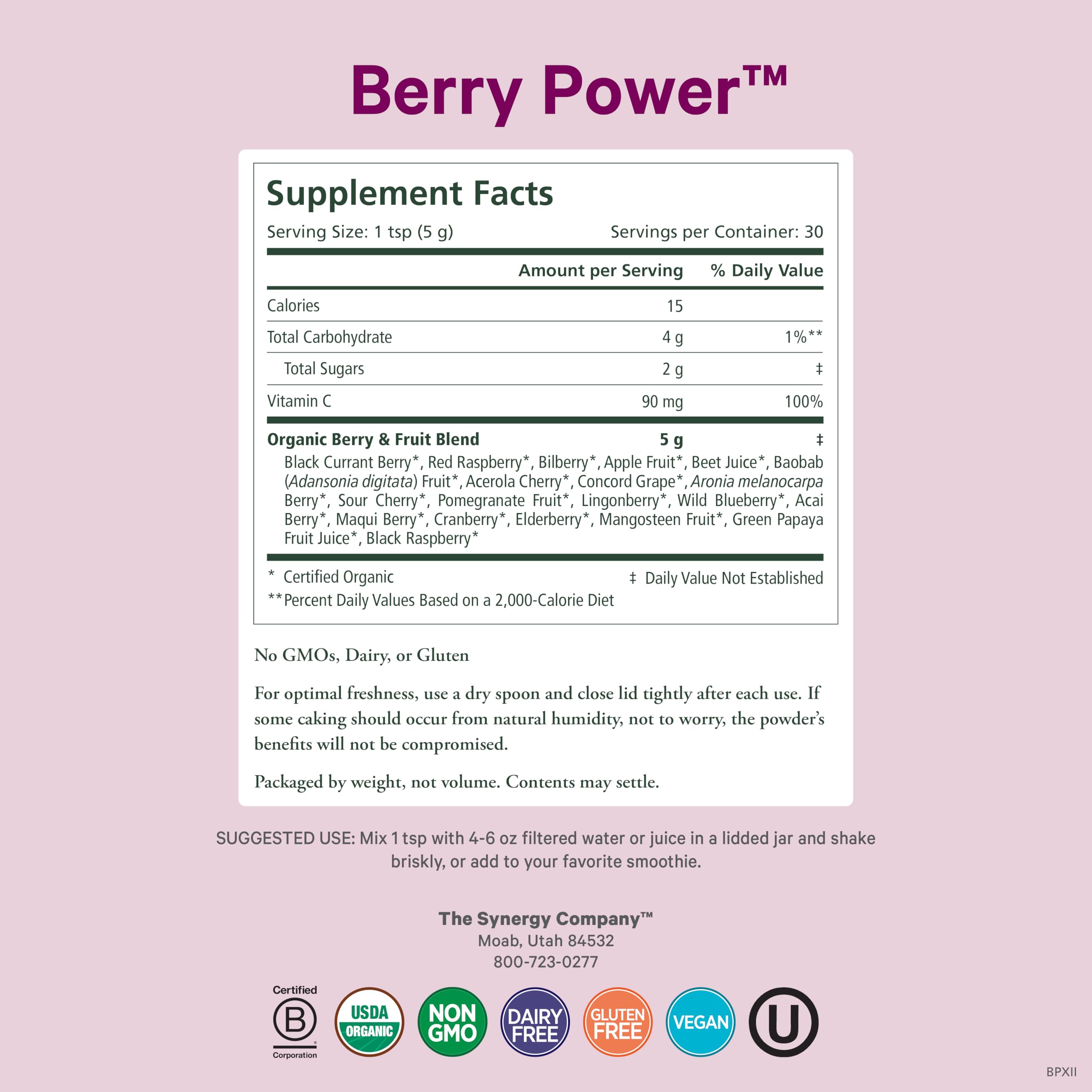 PURE SYNERGY textura del polvo de bayas, fácil de mezclar y nutritivo
