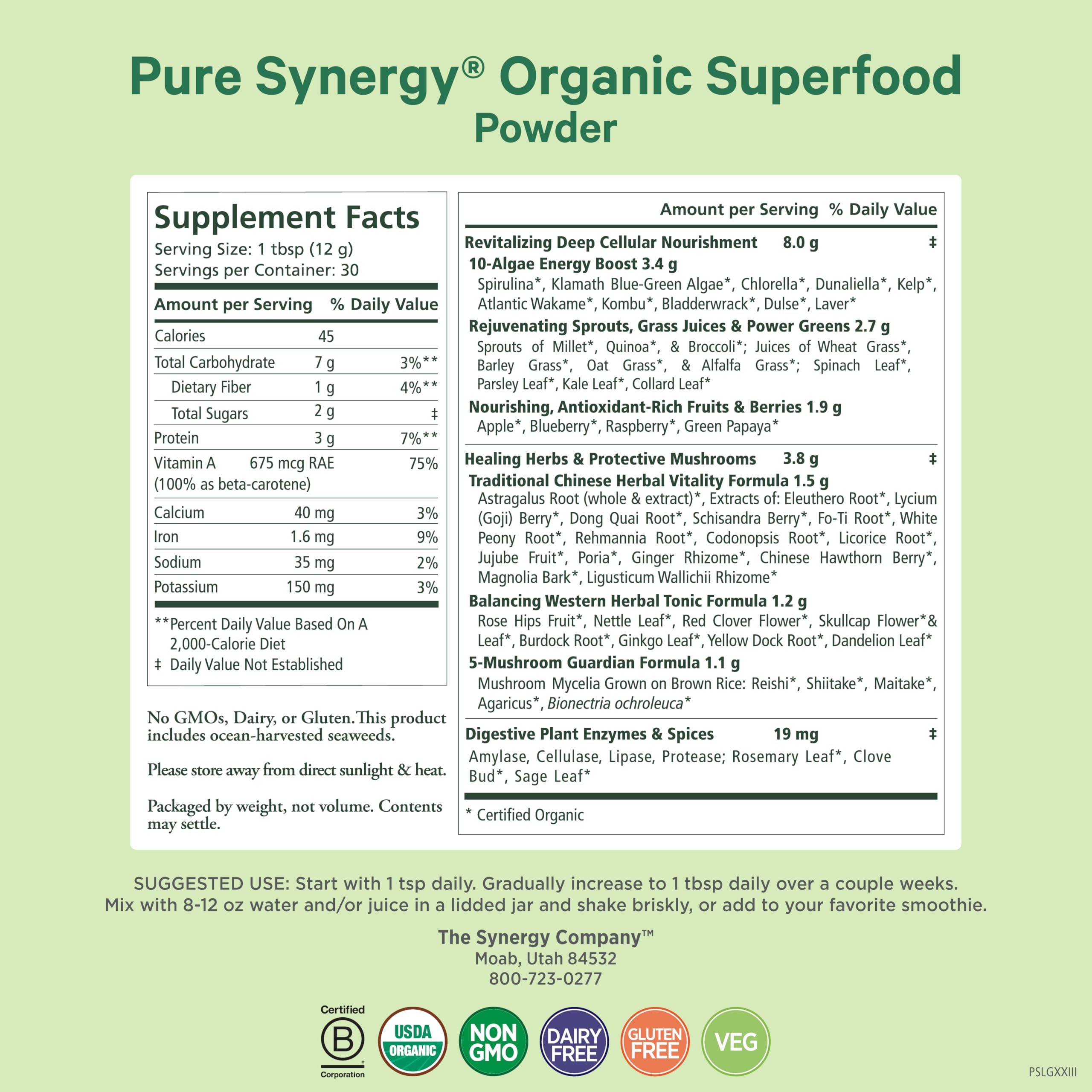 PURE SYNERGY textura del polvo orgánico ideal para mezclar y energizar