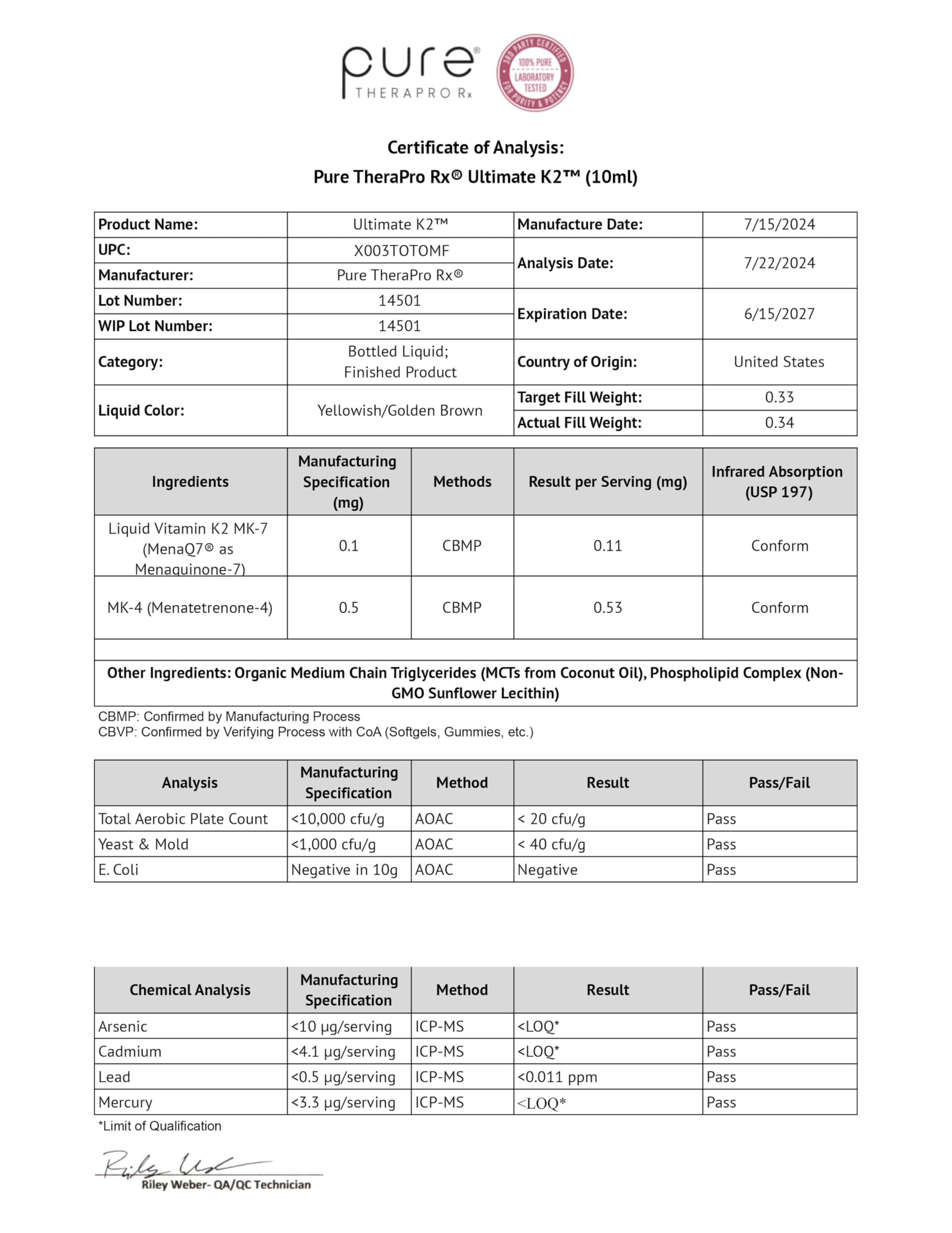 Pure Therapro Rx caja e información nutricional legible y completa