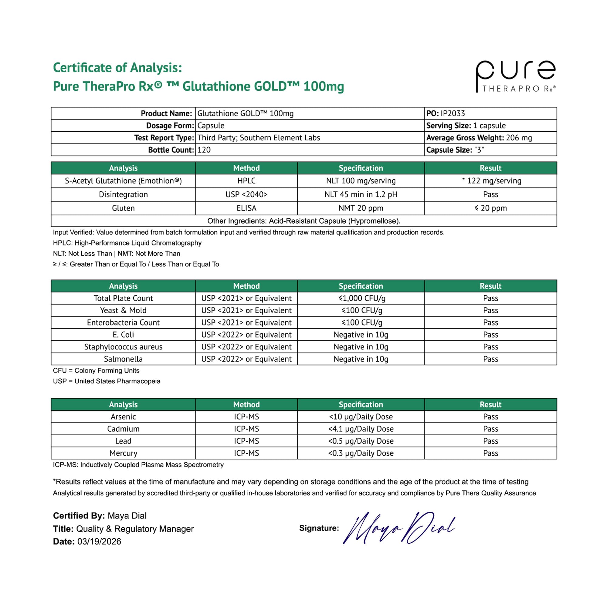 Documento de certificación GMP que acompaña Pure Therapro Rx mostrando control de fabricación