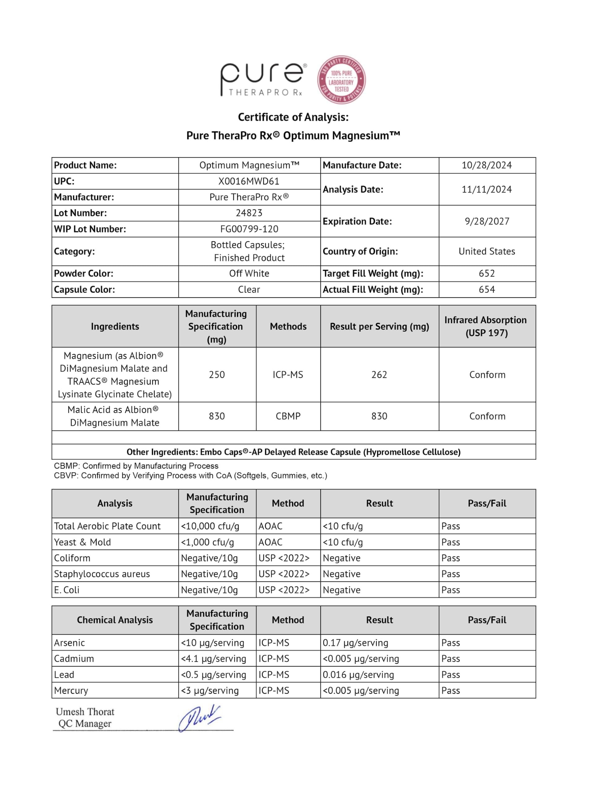 Pure Therapro Rx sello de calidad USA y certificaciones NSF/GMP