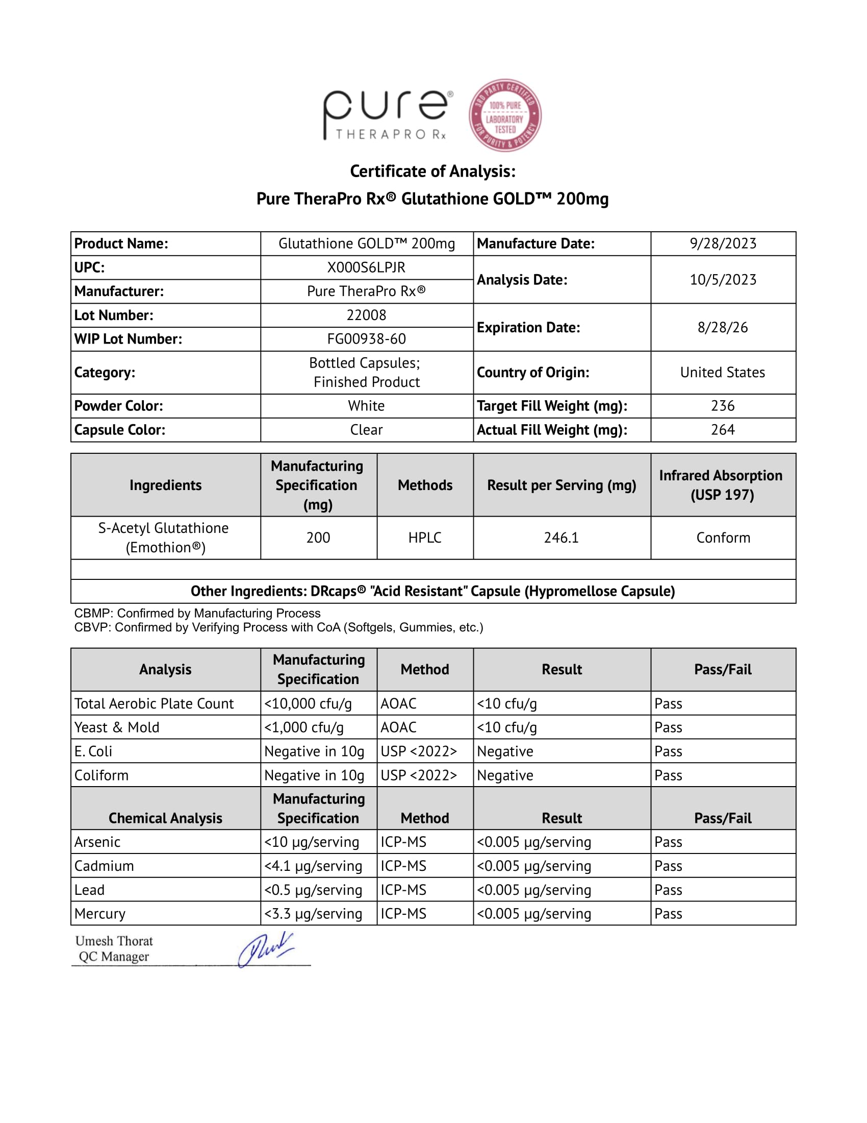 Pure Therapro Rx sello GMP certificación de fabricación segura