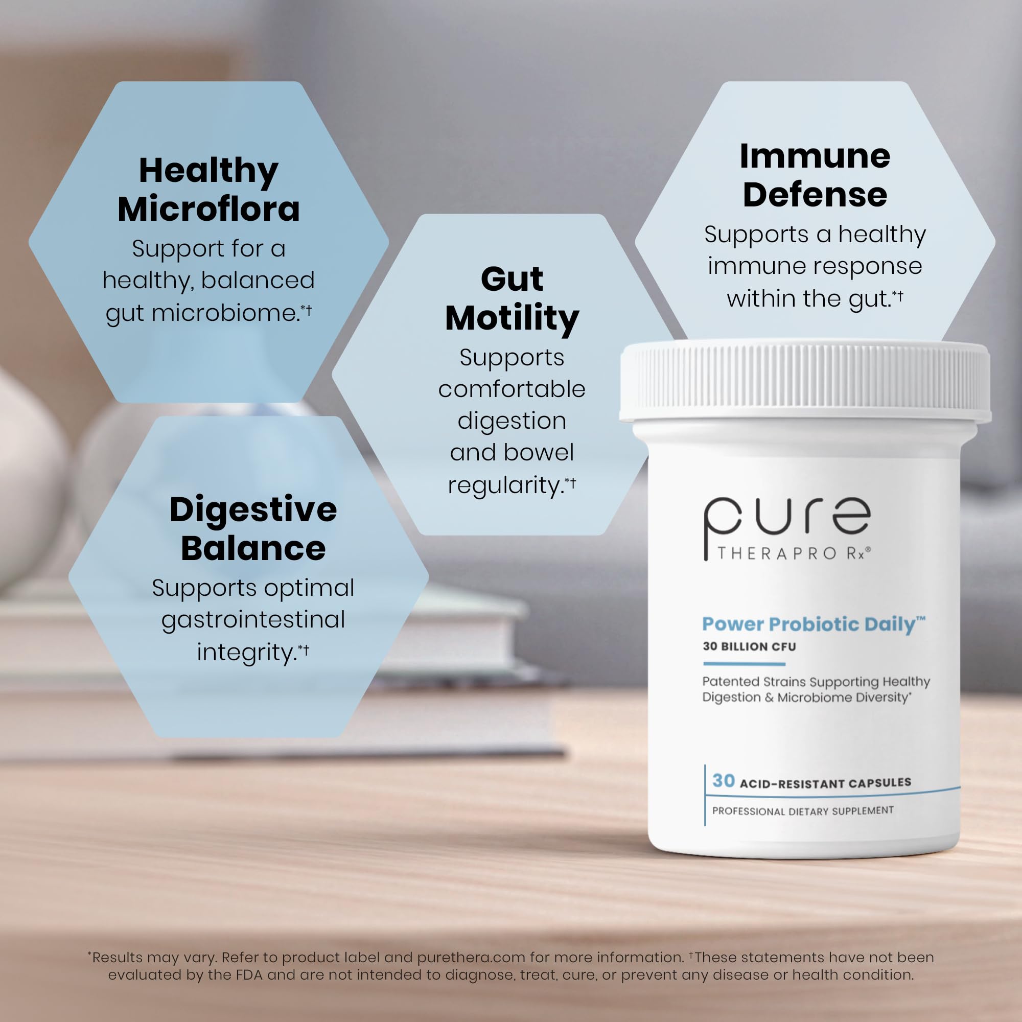 Pure Therapro Rx envase sobre mesa indicando uso diario fácil y conveniente