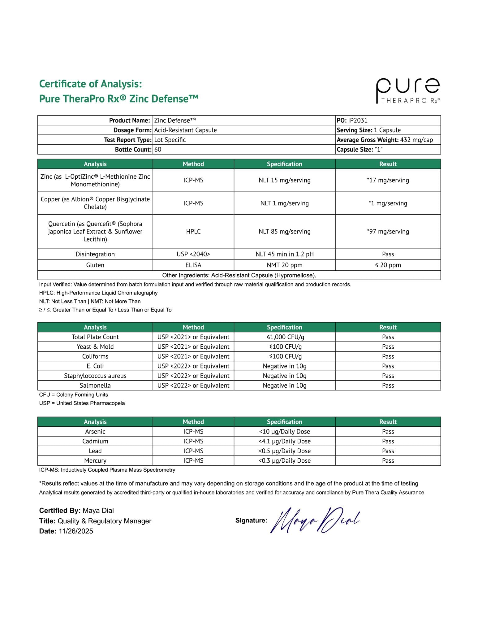 Pure Therapro Rx sello GMP para certificar control de calidad