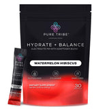 PURE TRIBE frente del paquete mostrando 30 sobres y sabor Watermelon Hibiscus beneficios instantáneos