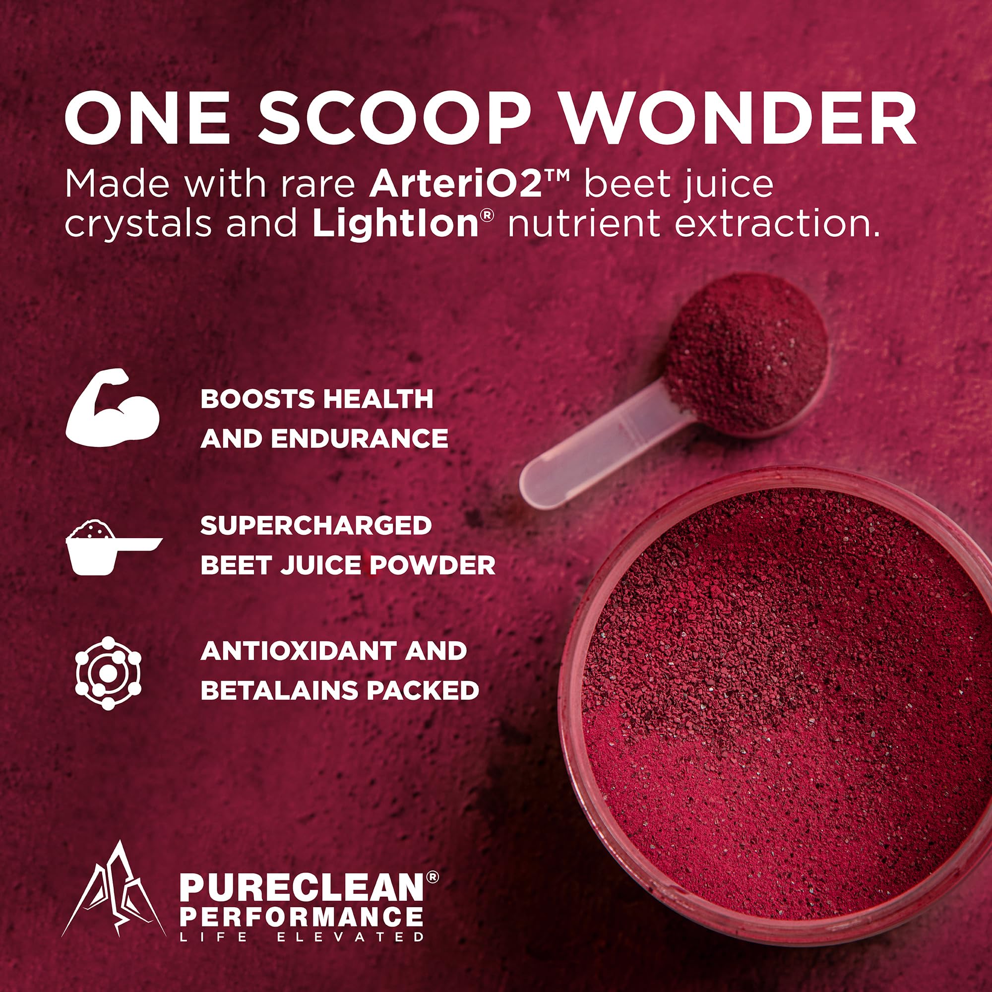 PureClean Beet cucharada con polvo indicando la porción por servicio