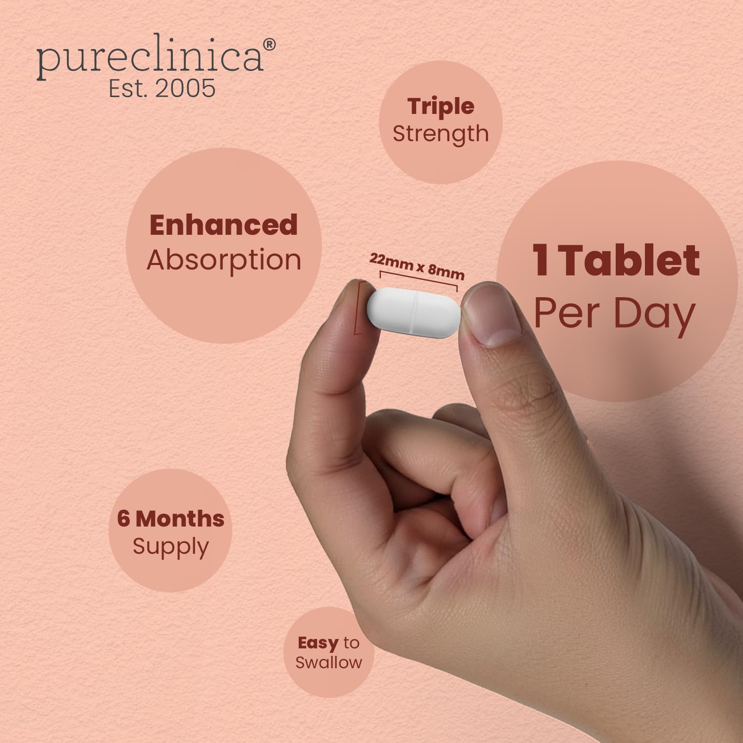 pureclinica comprimido junto a moneda para ver escala y tamaño