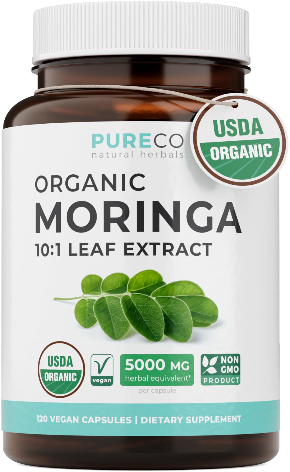 PURE CO frontal del envase mostrando certificación orgánica y beneficio de confianza