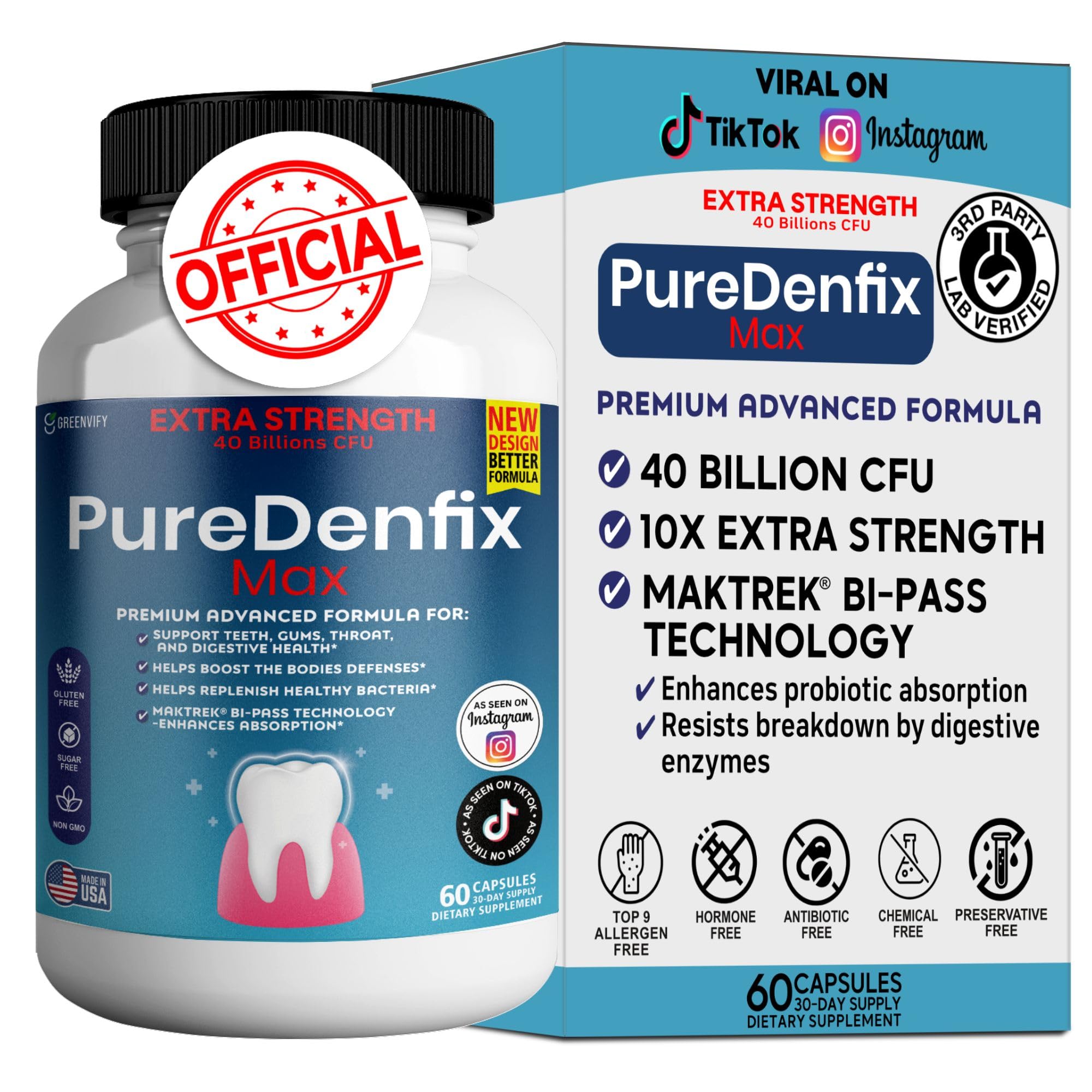 PureDenfix Max vista frontal del envase mostrando beneficios claros