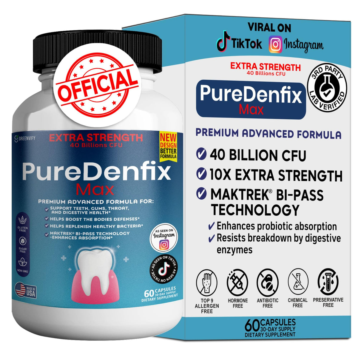 PureDenfix Max vista frontal del envase mostrando beneficios claros