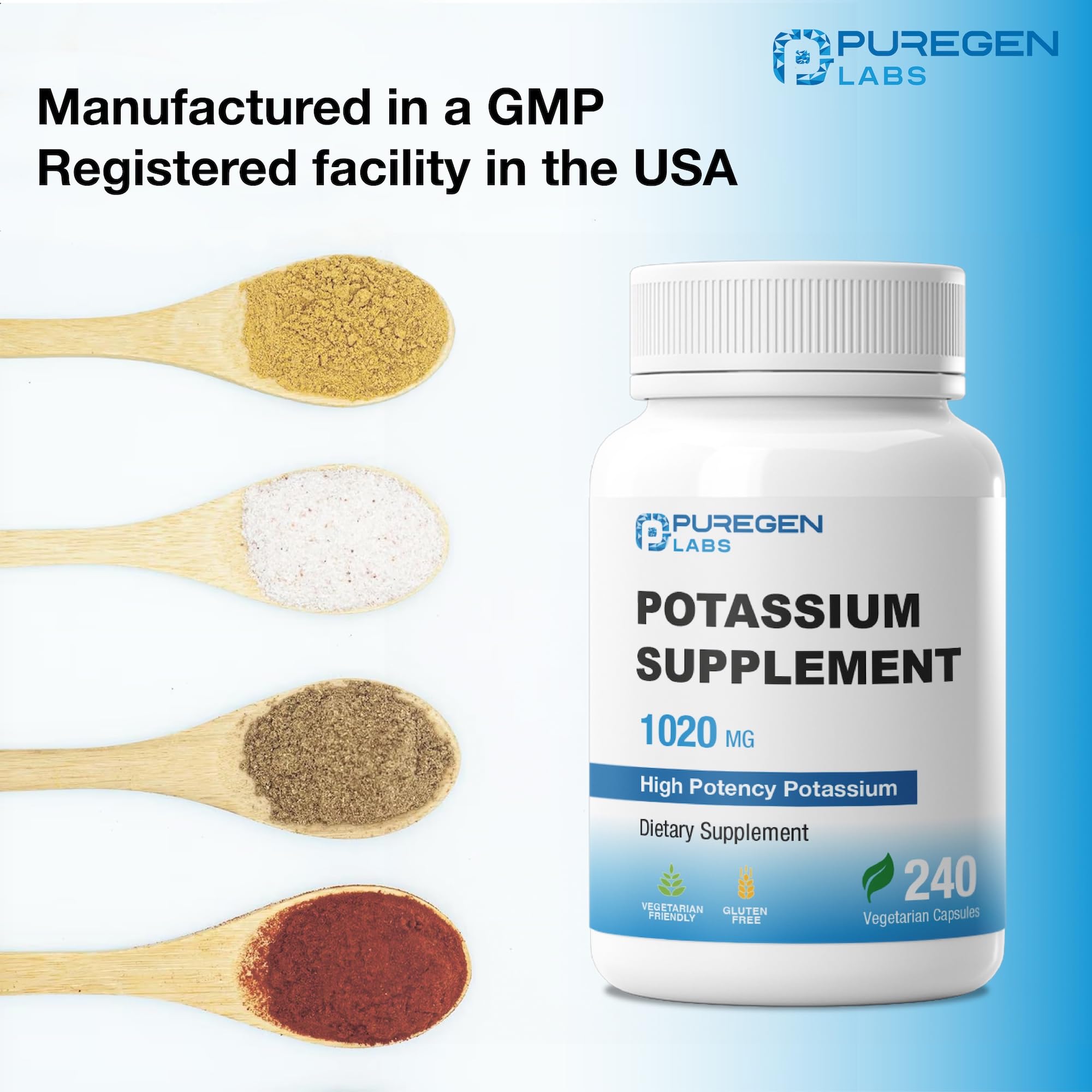 Puregen Labs etiqueta nutricional con información de potasio y dosis