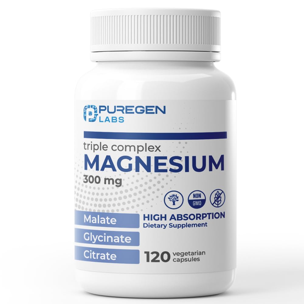 Puregen Labs envase frontal mostrando mezcla triple de magnesio y beneficios de pureza