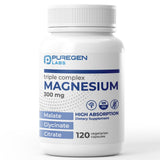 Puregen Labs envase frontal mostrando mezcla triple de magnesio y beneficios de pureza
