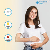 Puregen Labs caplet junto a queso y leche ilustrando uso con lácteos