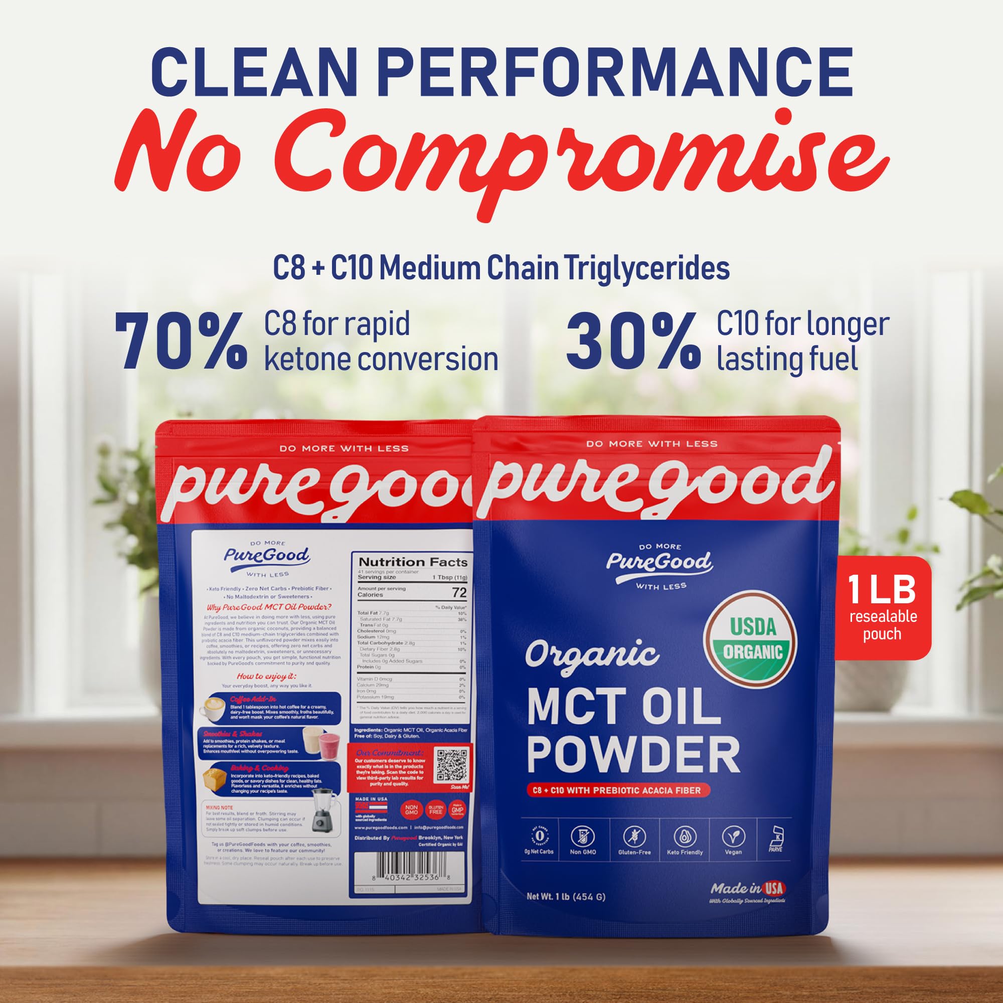 PureGood primer plano de la textura en polvo para mezclar sin grumos