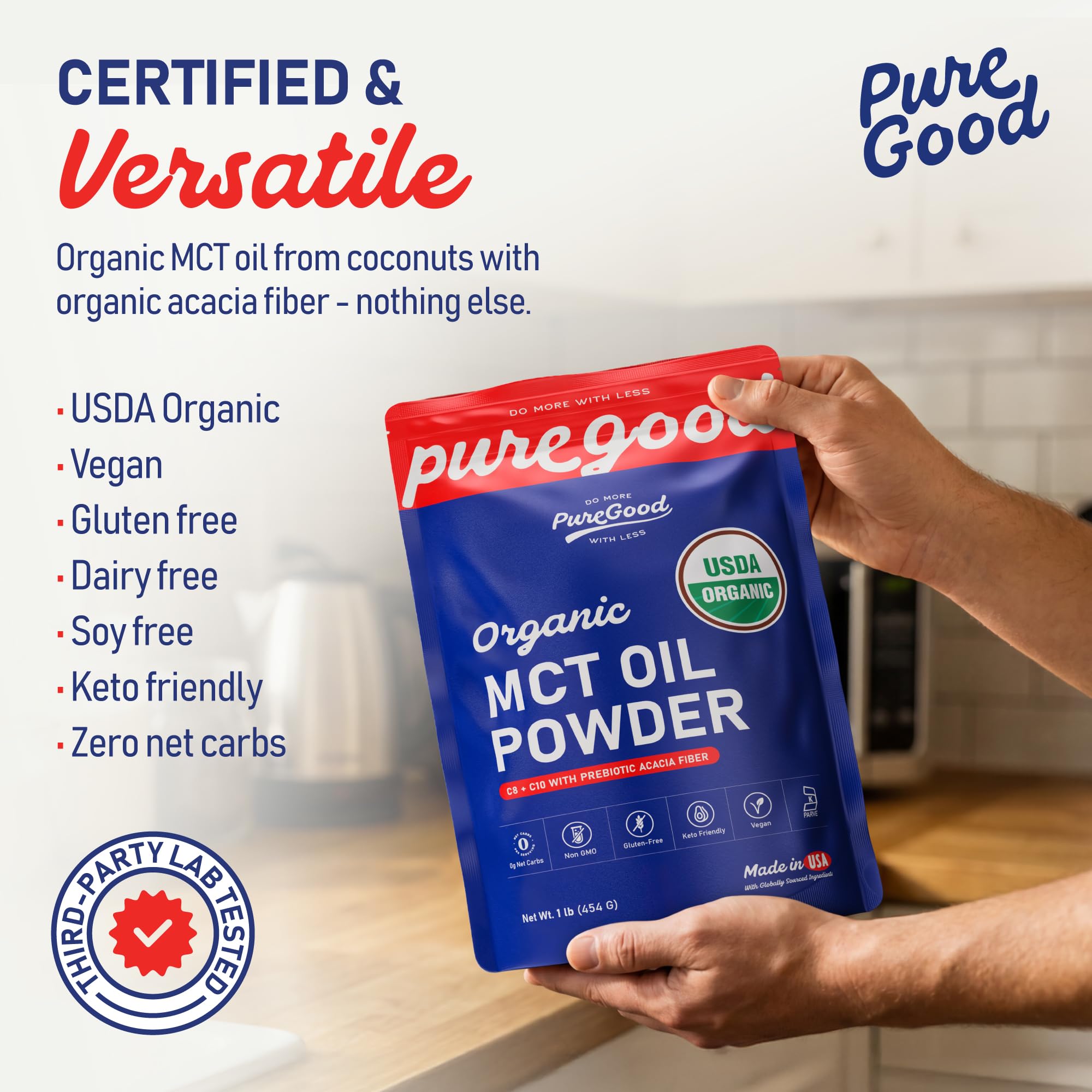 PureGood polvo en cuchara listo para añadir y medir con facilidad