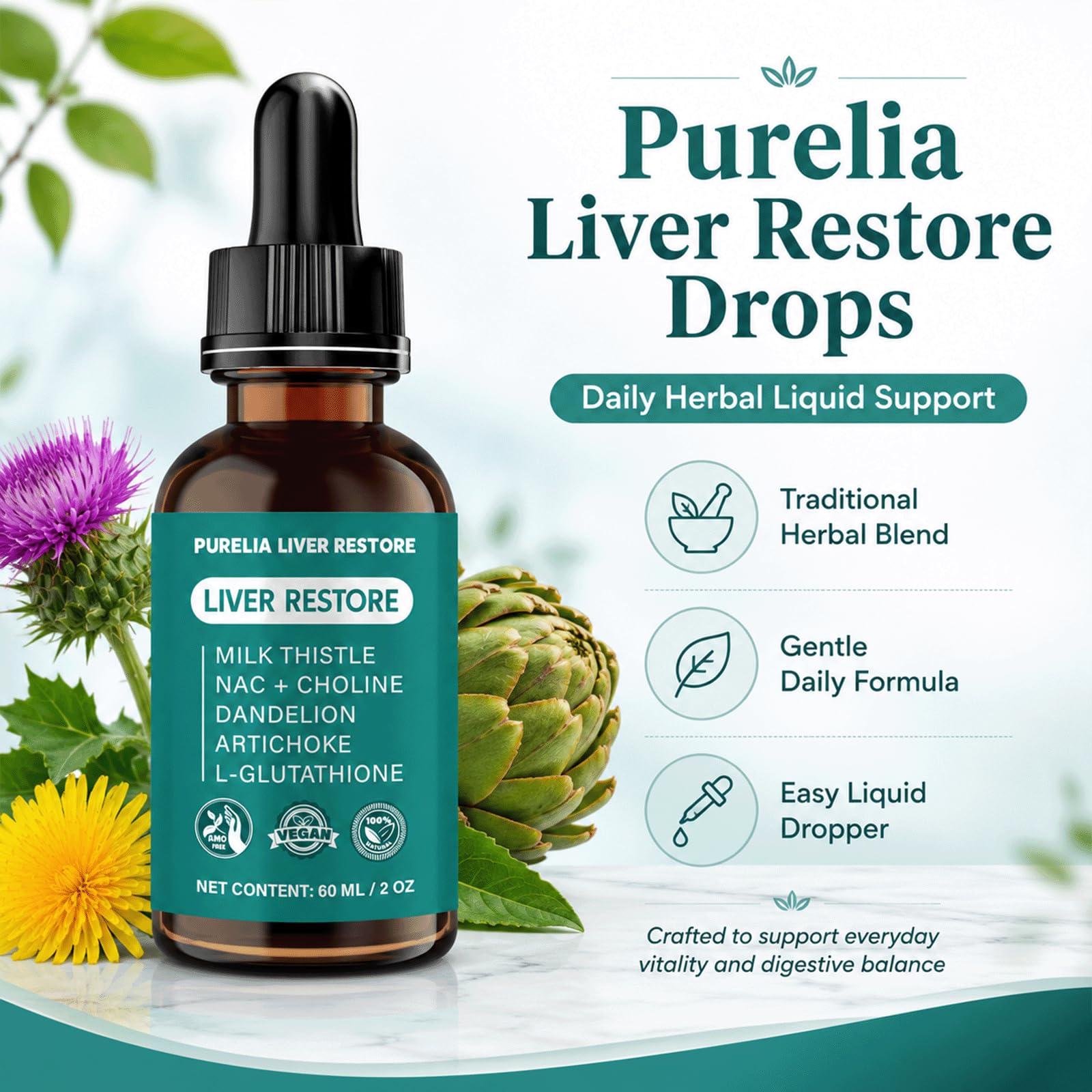 Purelia Liver Restore gotas bajo la lengua, absorción sublingual cómoda
