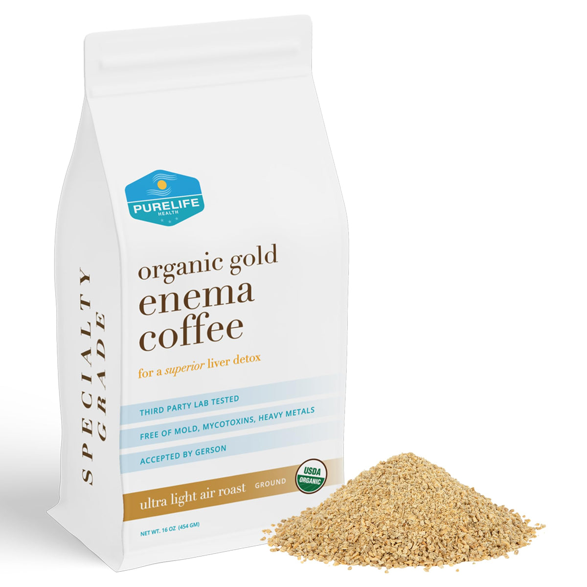 Purelife Enema frente del empaque mostrando 1 lb y beneficios de limpieza