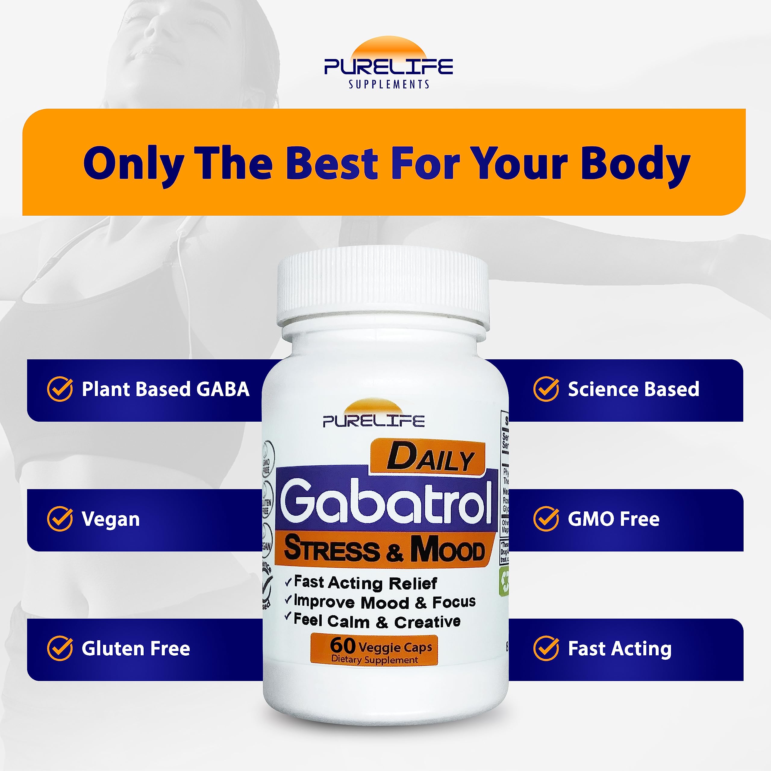 PureLife Supplements Gabatrol sellos de certificación vegana y libre de alérgenos visibles